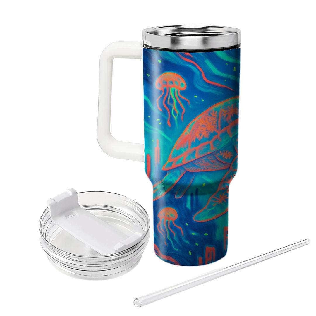 Neon Reef Turtle tumblers with lids