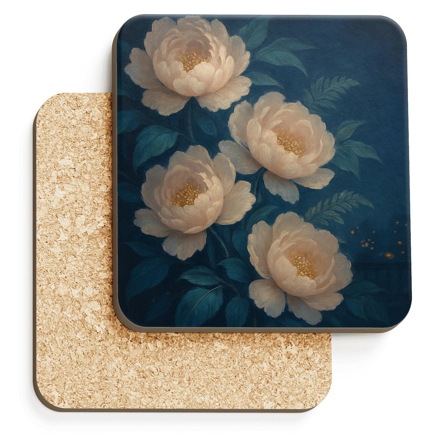 Midnight Peony Cascade decorative beverage coasters