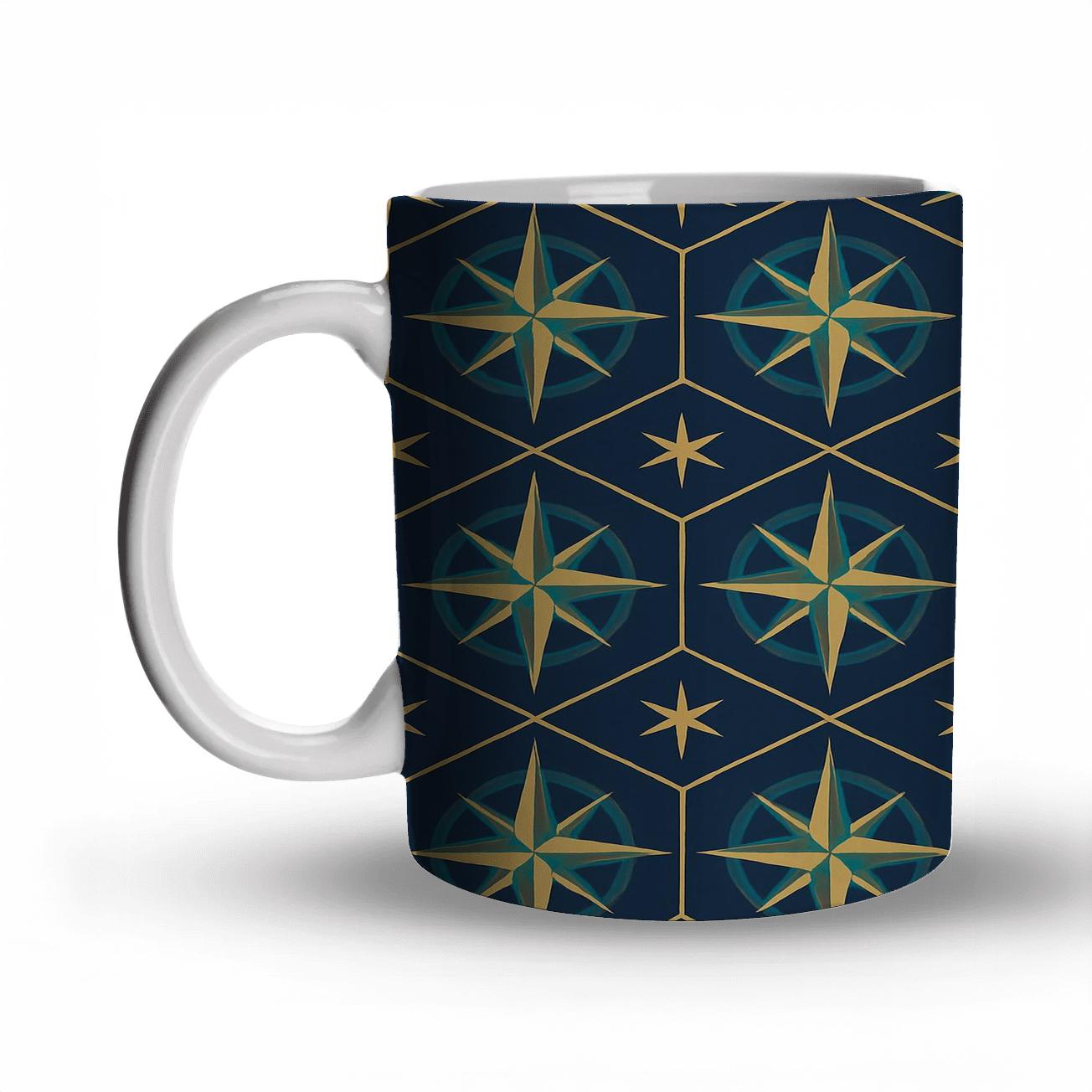 Midnight Compass Tiles travel mugs with handles