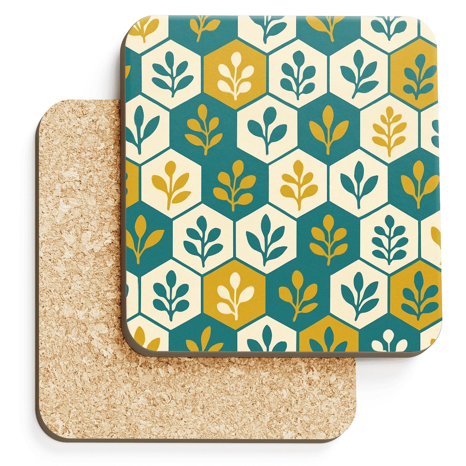 Botanical Hex Motif cork coaster sets