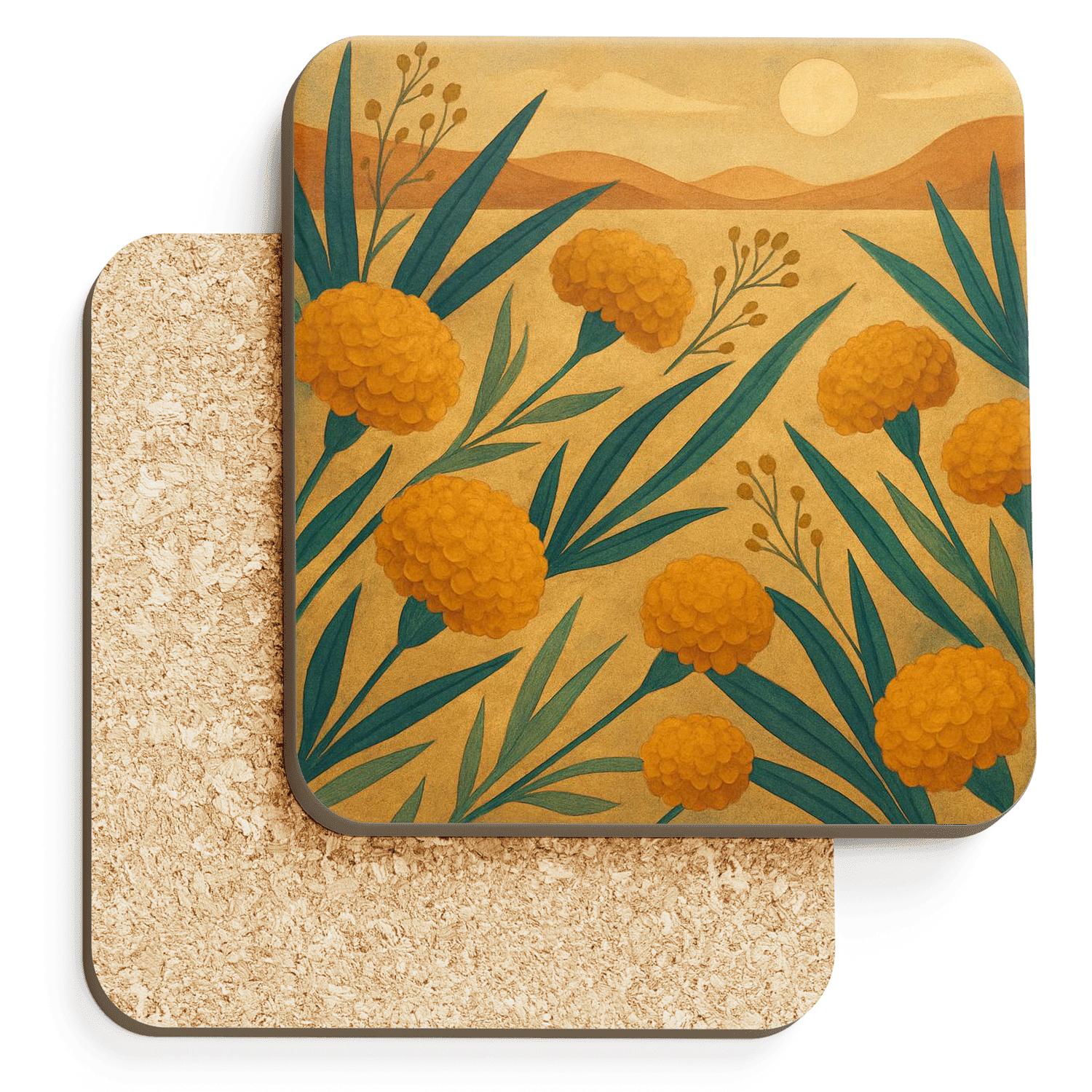 Desert Marigold Mirage wooden table coasters