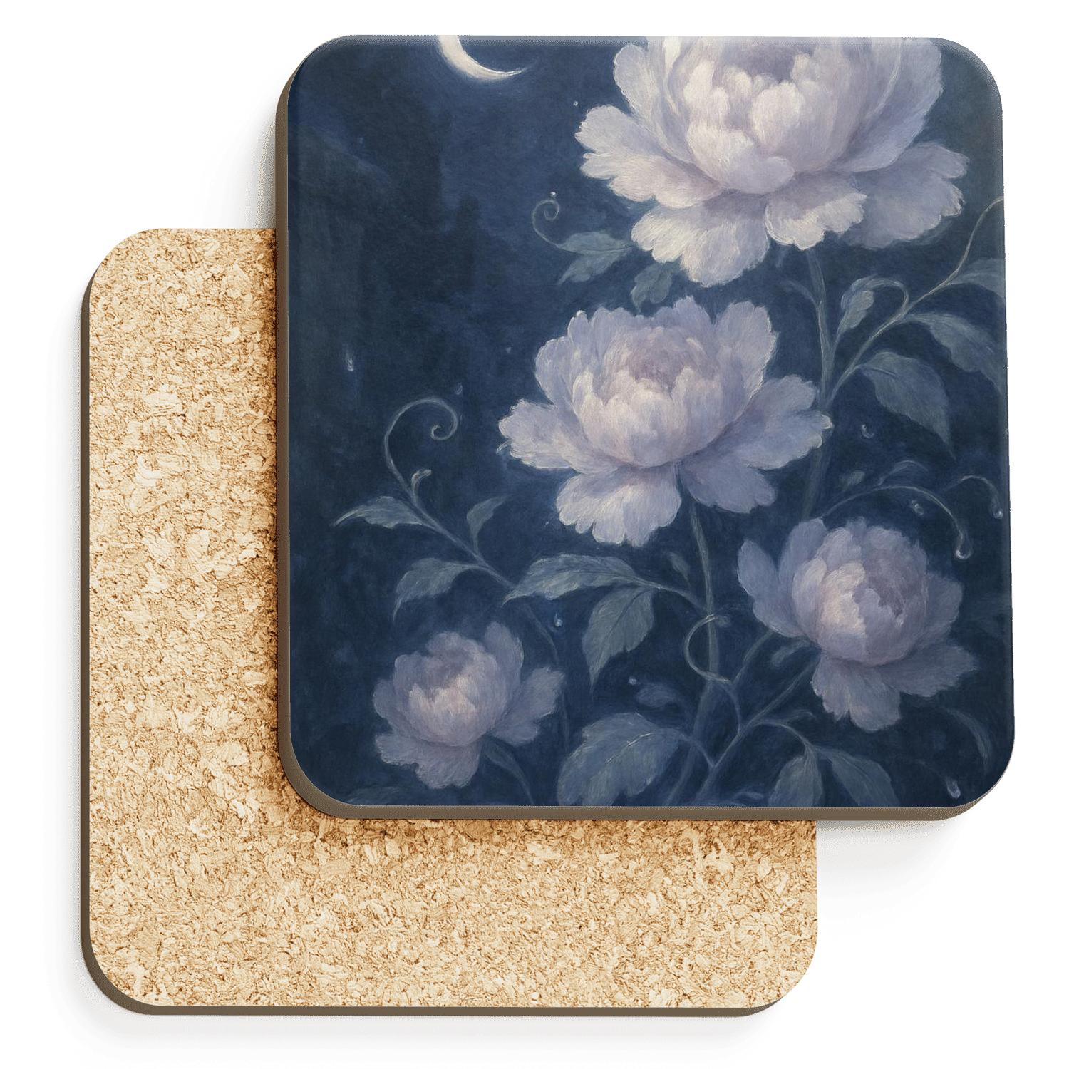 Moonlit Peony Cascade cork coaster sets