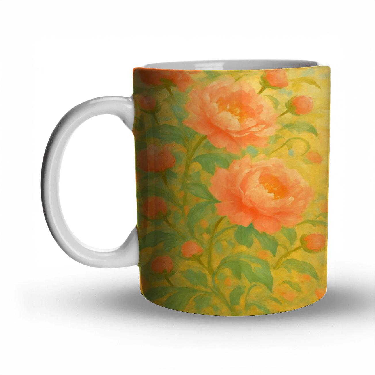 Border Of Sunlit Peonies custom printed mugs