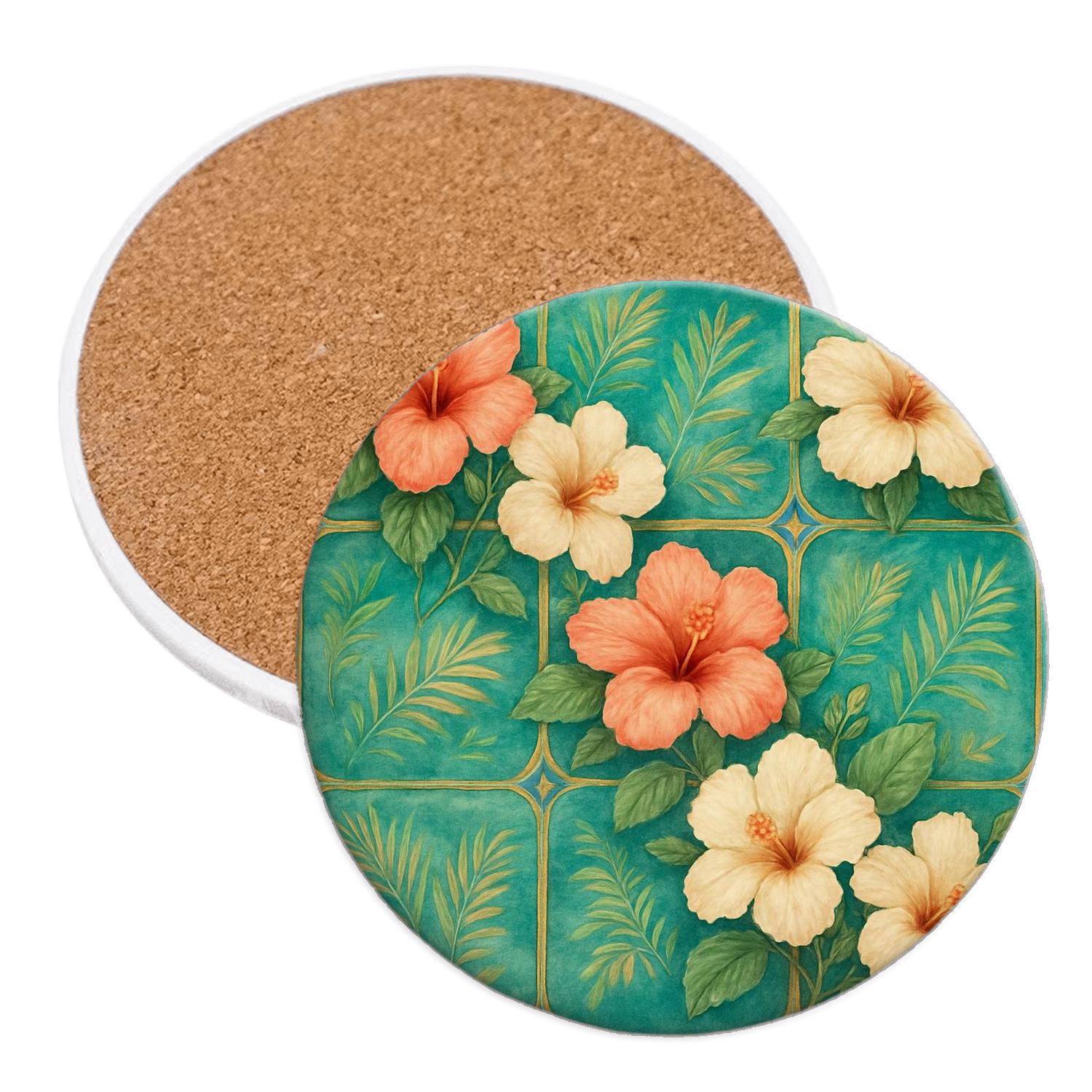 Verdant Hibiscus Mosaic absorbent drink coasters