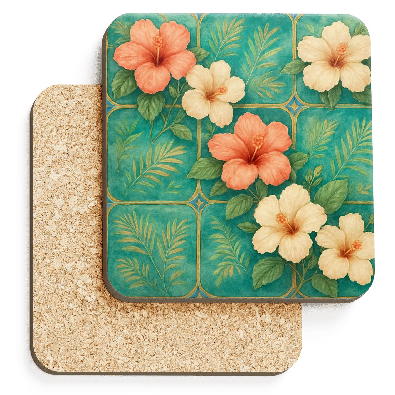 Verdant Hibiscus Mosaic personalized drink coasters