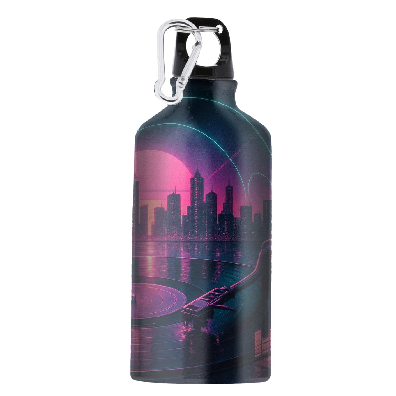 Synthwave Vinyl Skyline personalized sports bottles