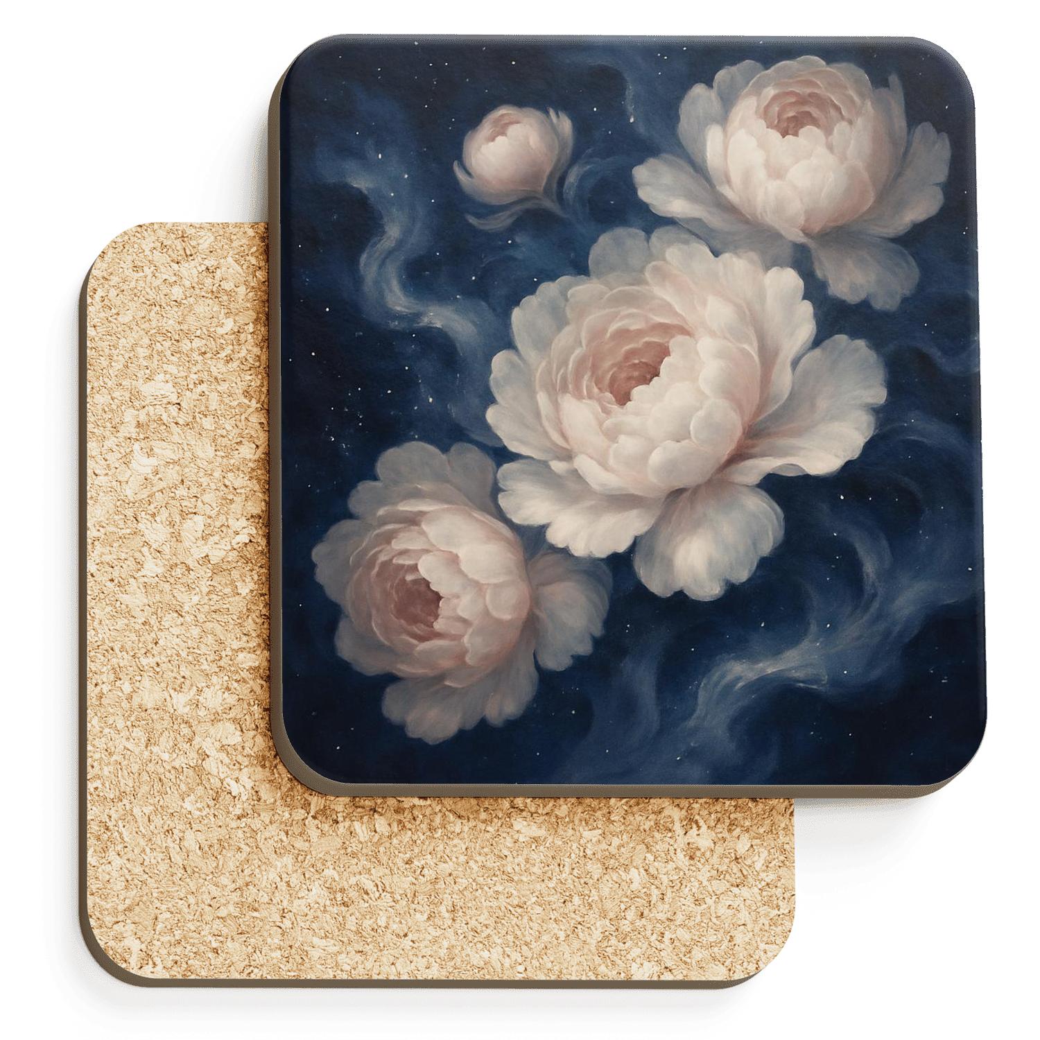 Midnight Nebula Peonies personalized drink coasters