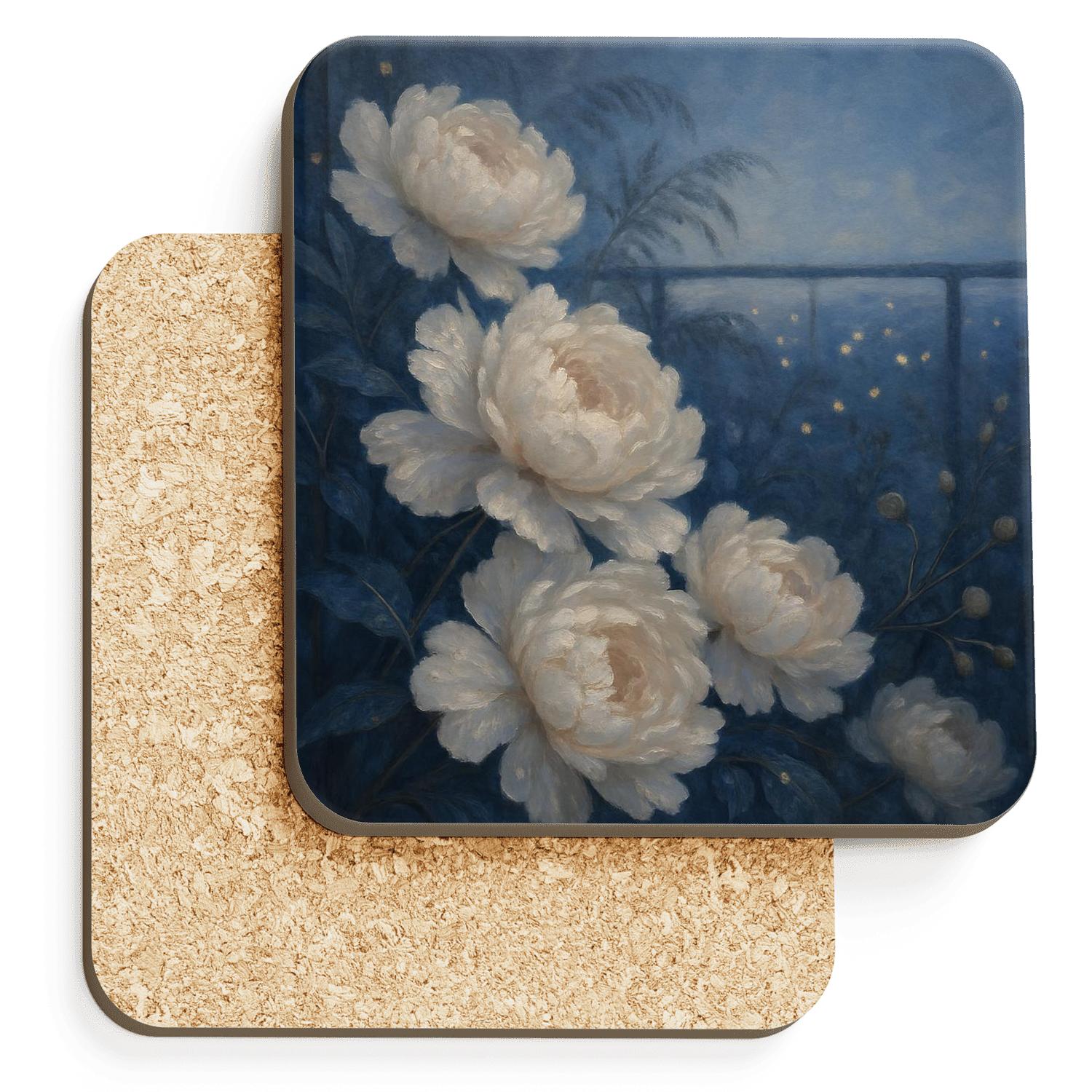 Moonlit Peony Cascade personalized drink coasters