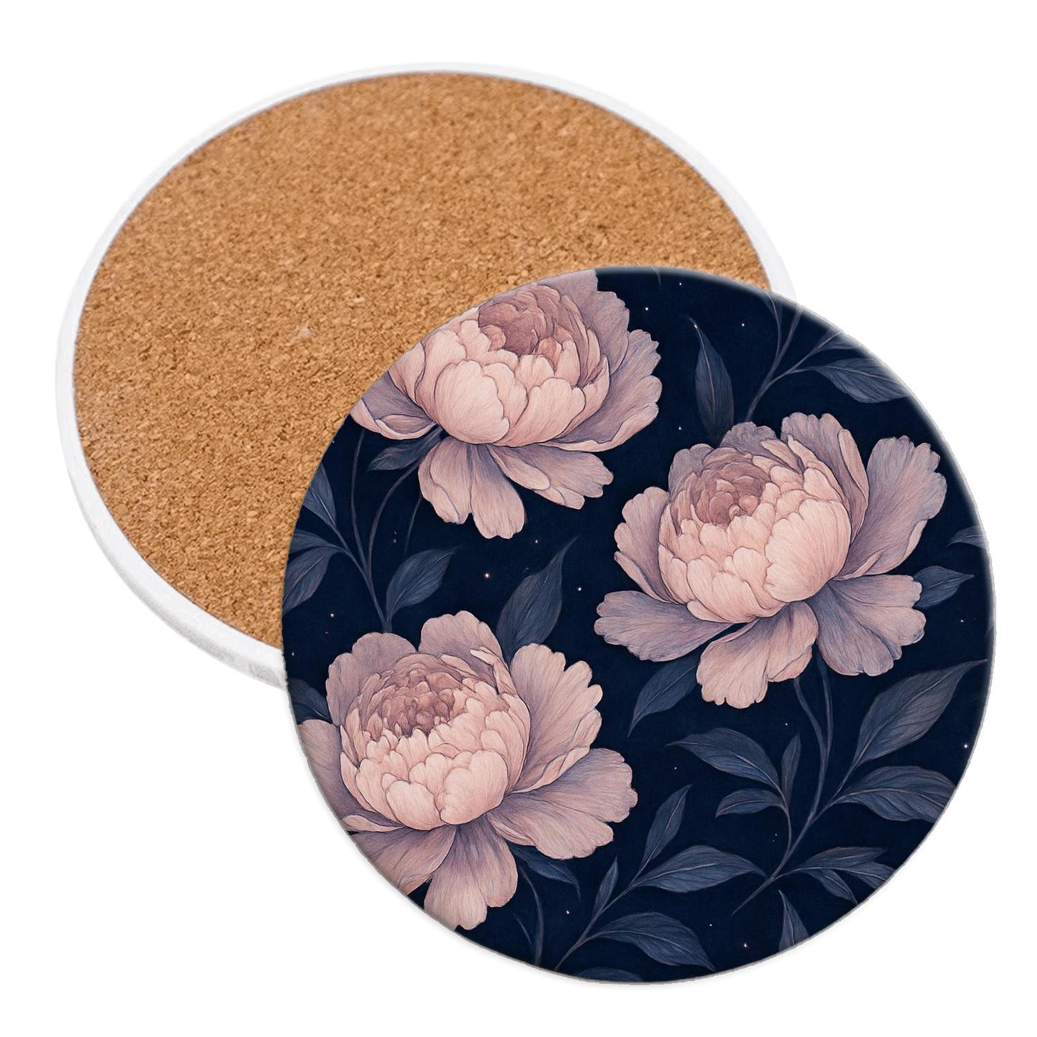 Midnight Nebula Peonies wooden table coasters