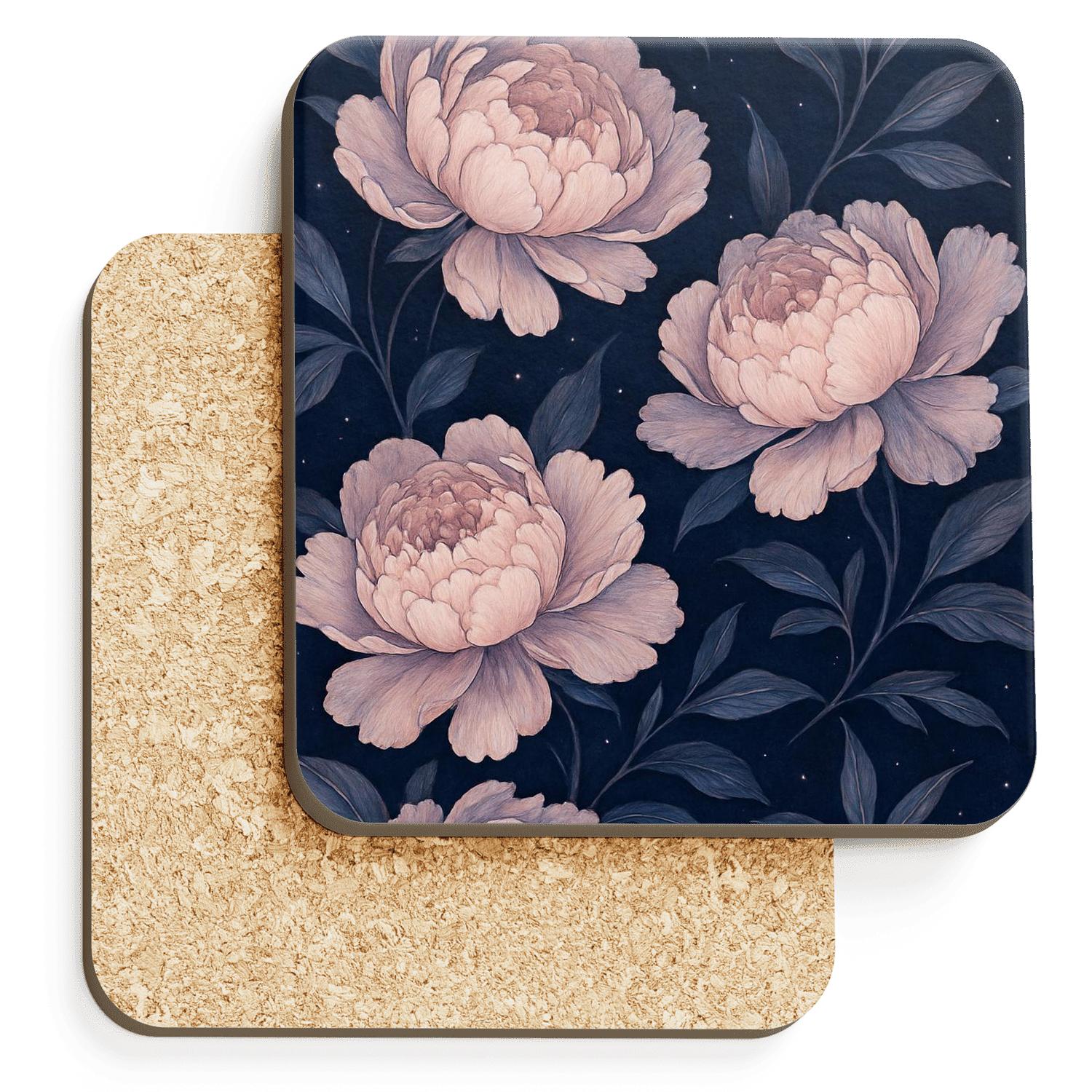Midnight Nebula Peonies custom engraved coasters