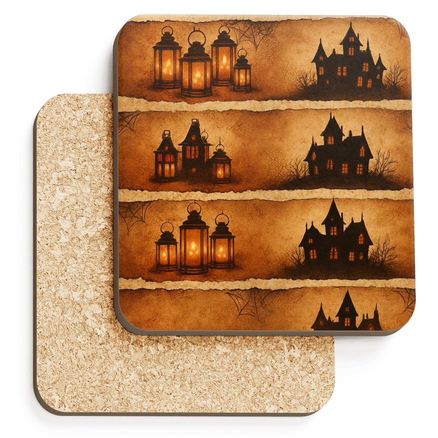 Candled Lantern Bands On Parchment Sepia wooden table coasters