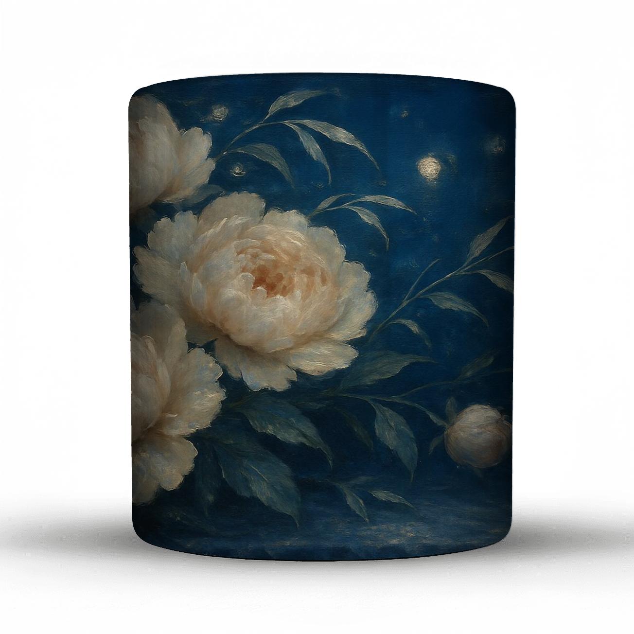 Moonlit Peony Cascade travel mugs with handles