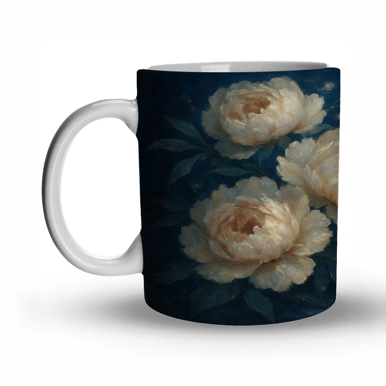 Moonlit Peony Cascade travel mugs with handles
