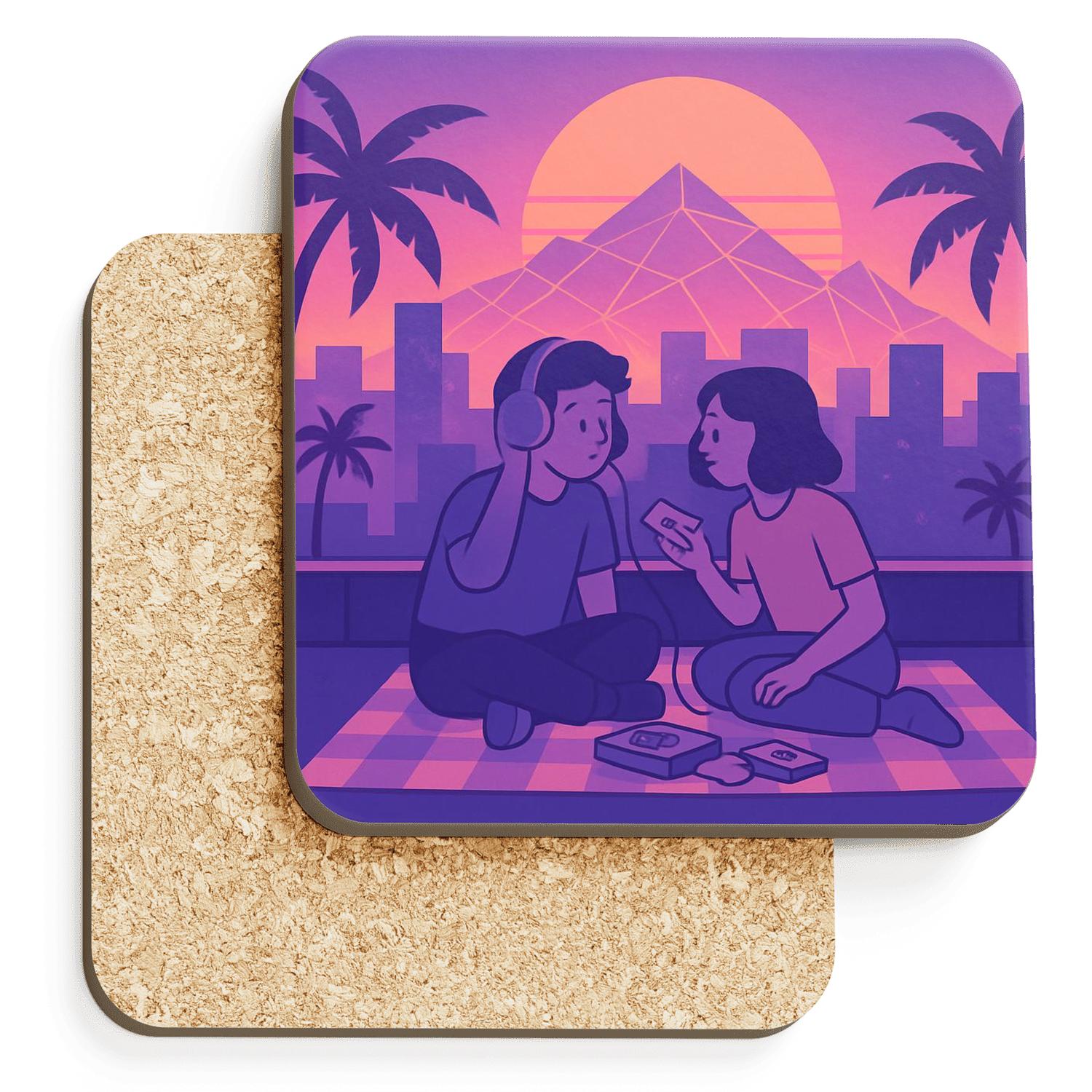 Synthwave Skyline Picnic cork coaster sets