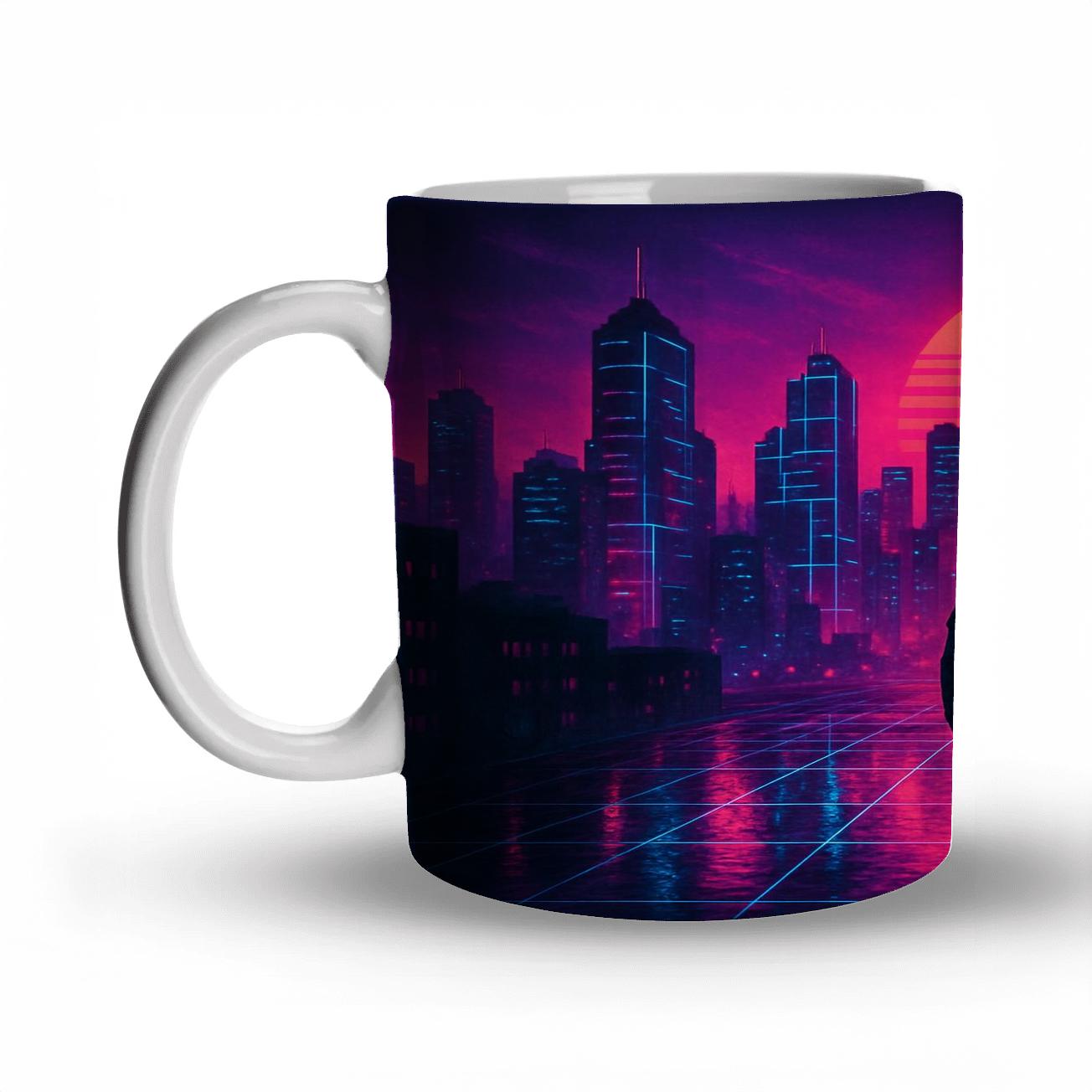 Neon Synthwave Skyline novelty coffee mugs