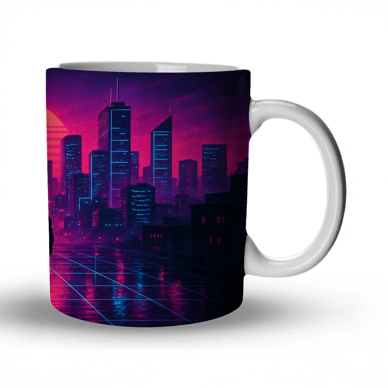 Neon Synthwave Skyline novelty coffee mugs
