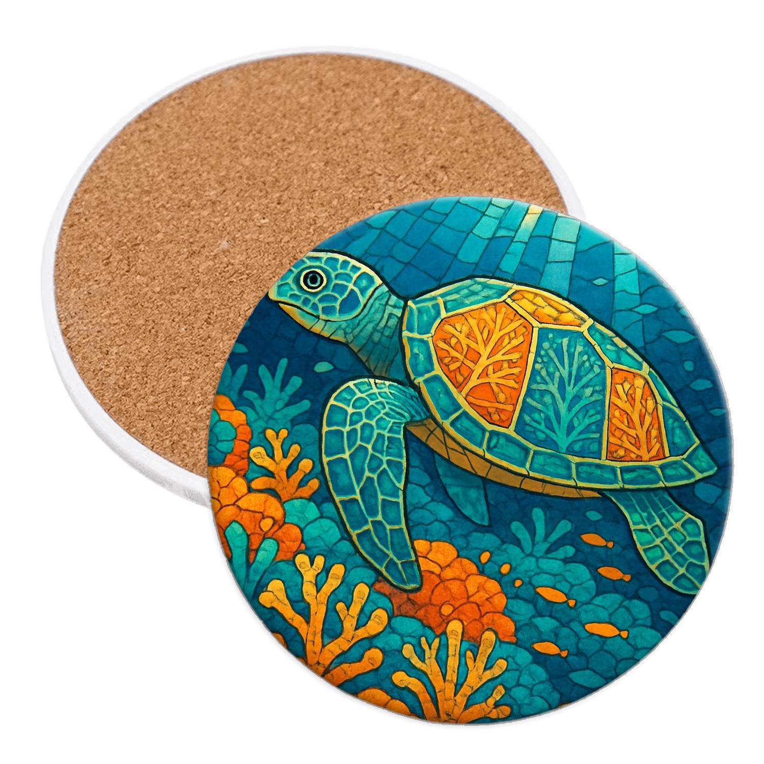 Coral Reef Turtle Mosaic wooden table coasters