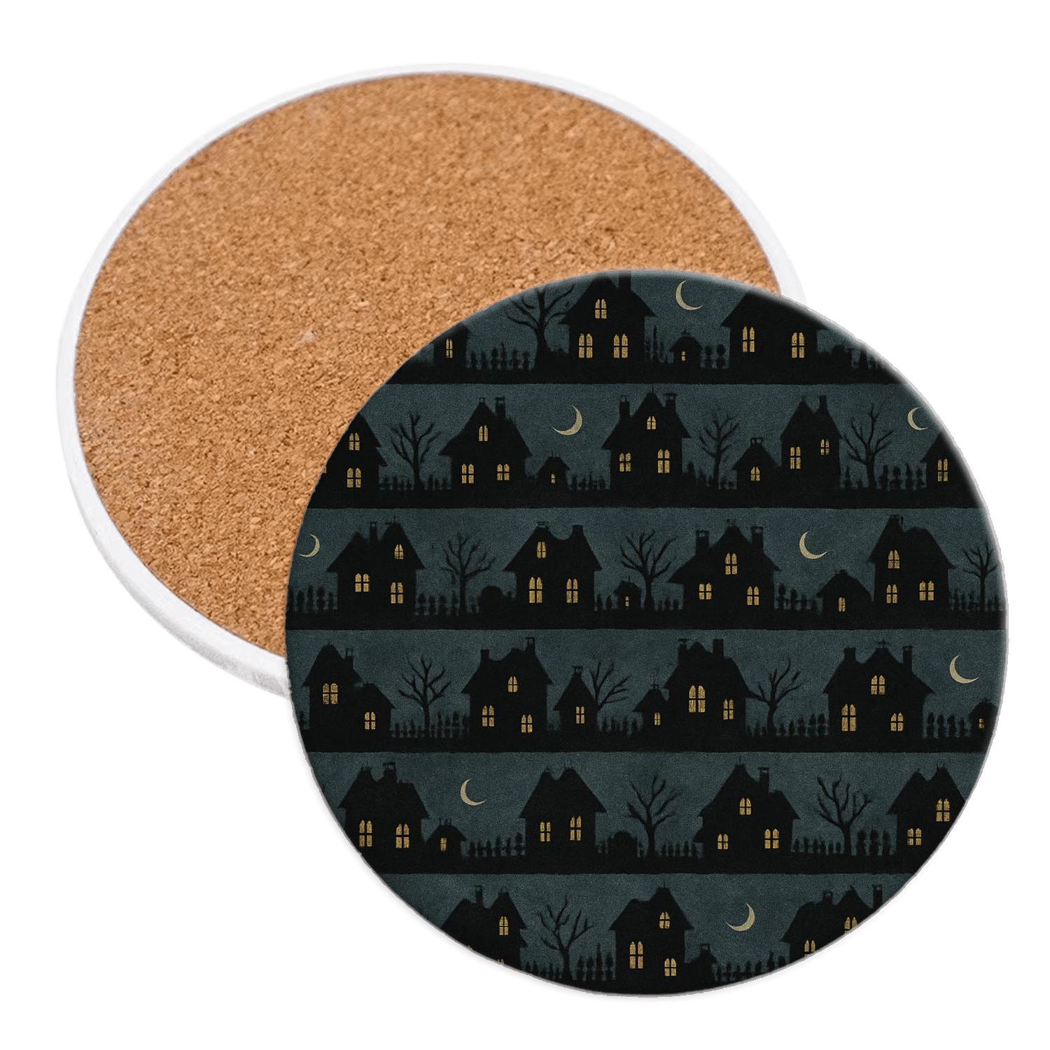 Haunted House Horizon Stripes On Deep Navy Night wooden table coasters