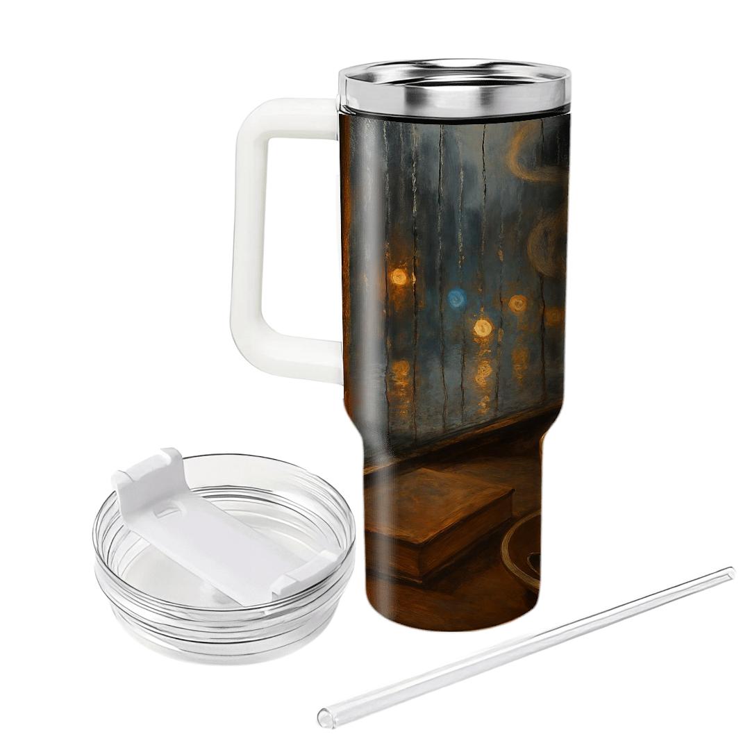 Café Window Rain And Latte Glow tumblers with lids