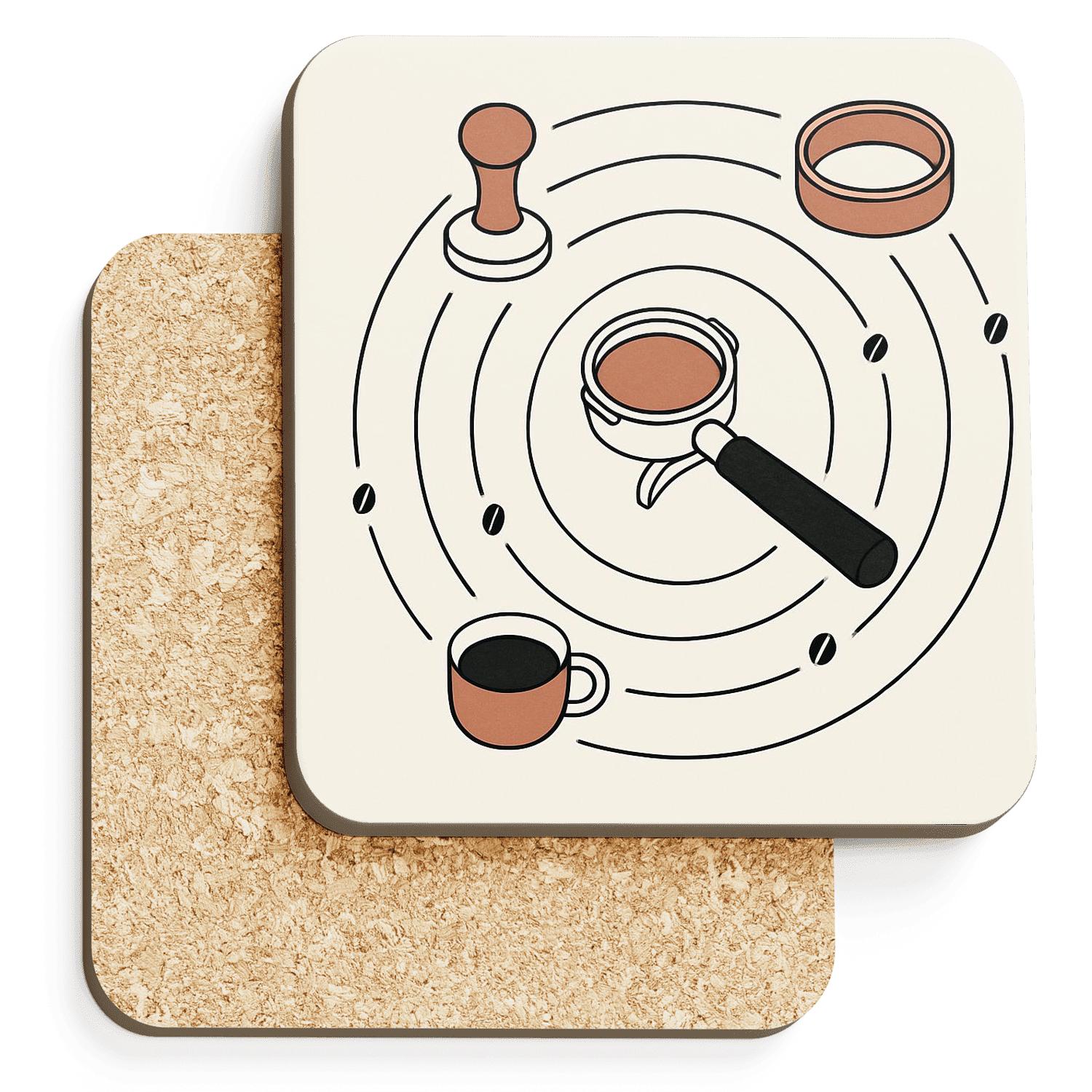 Espresso Tools In Minimal Orbit wooden table coasters