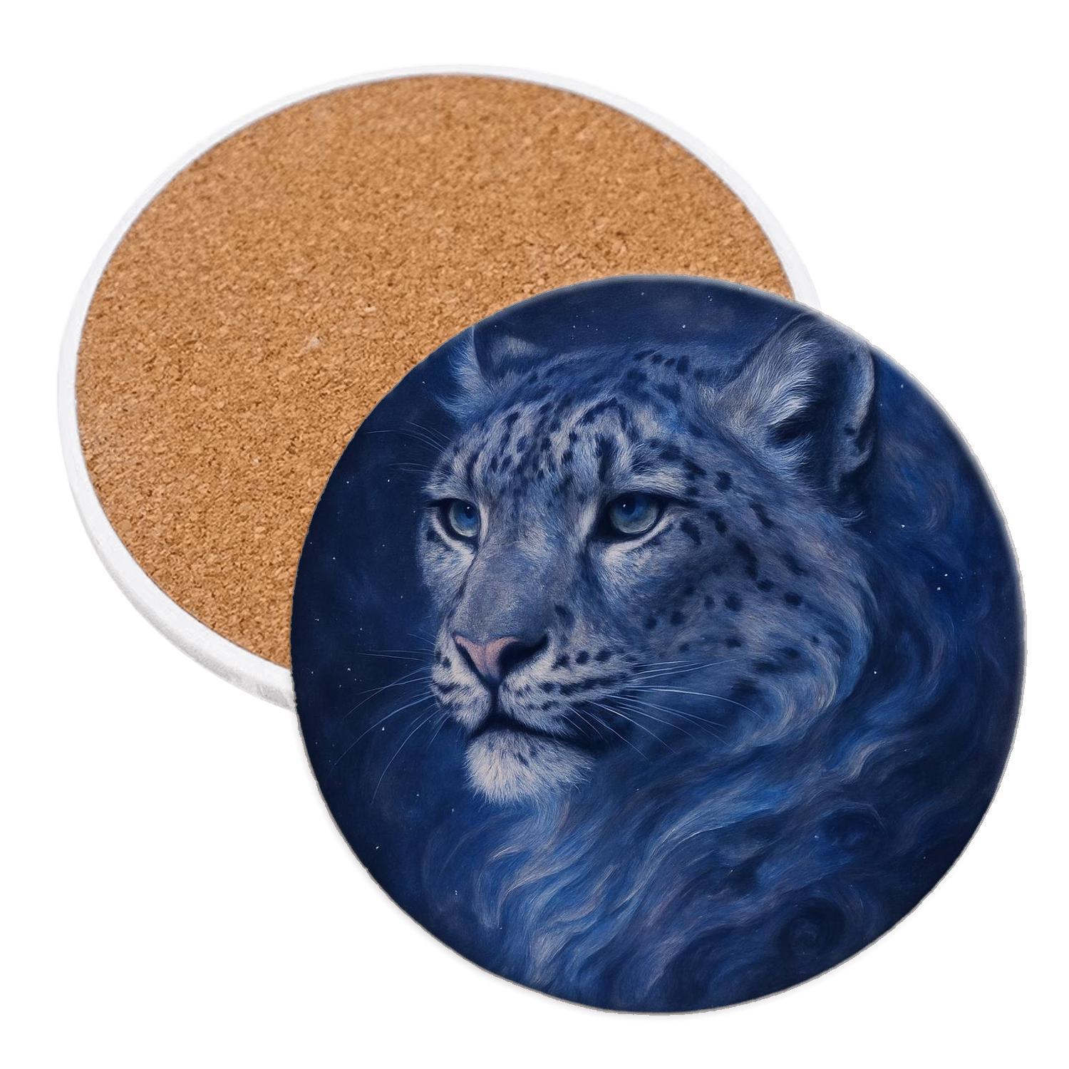 Moonlit Snow Leopard Nebula Fur coasters for home decor