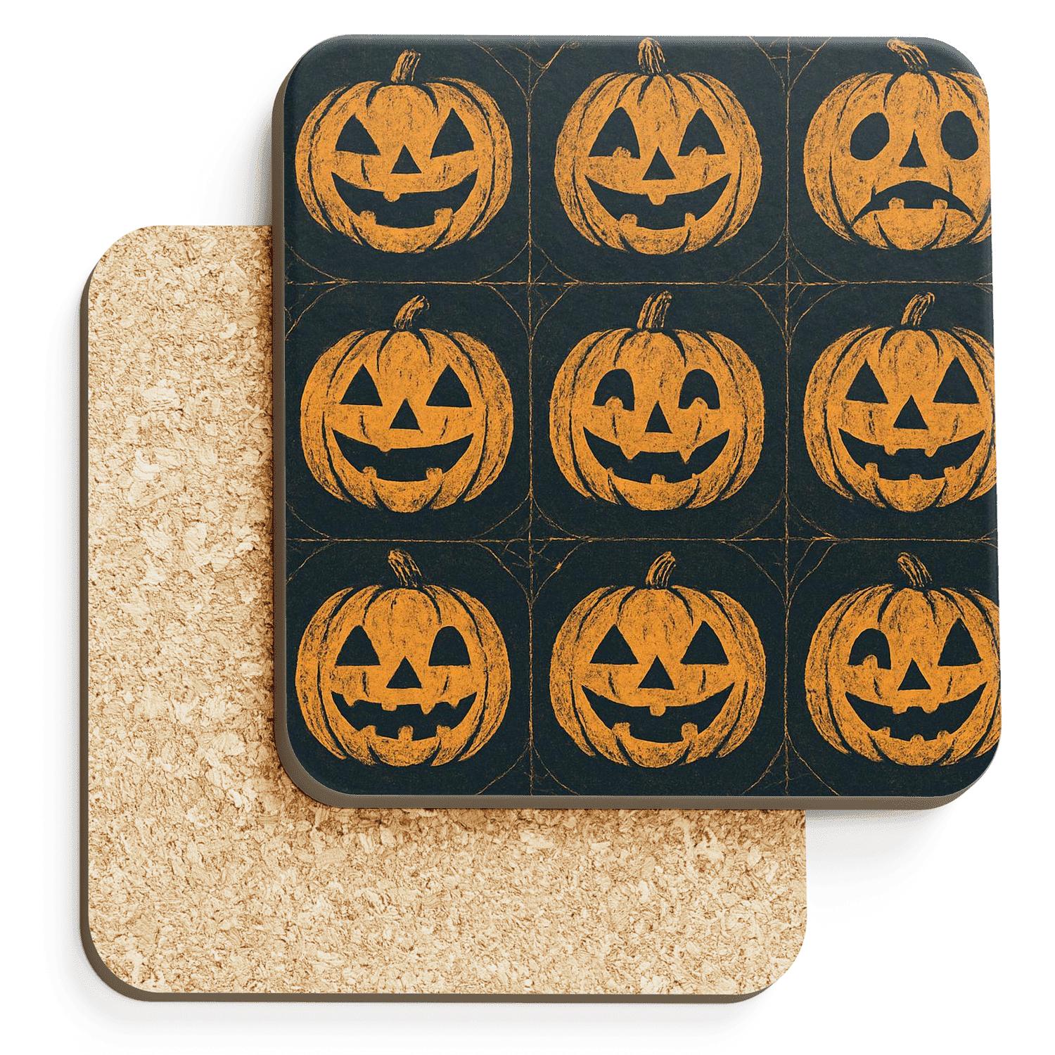 Pumpkin Face Grid With Distressed Pulp Texture On Deep Navy coasters for home decor