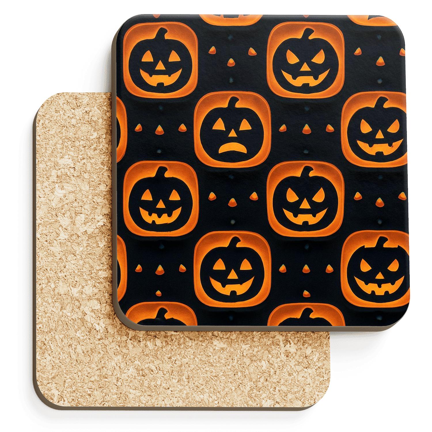Pumpkin Face Tile Grid In Midnight Black And Pumpkin Orange absorbent drink coasters