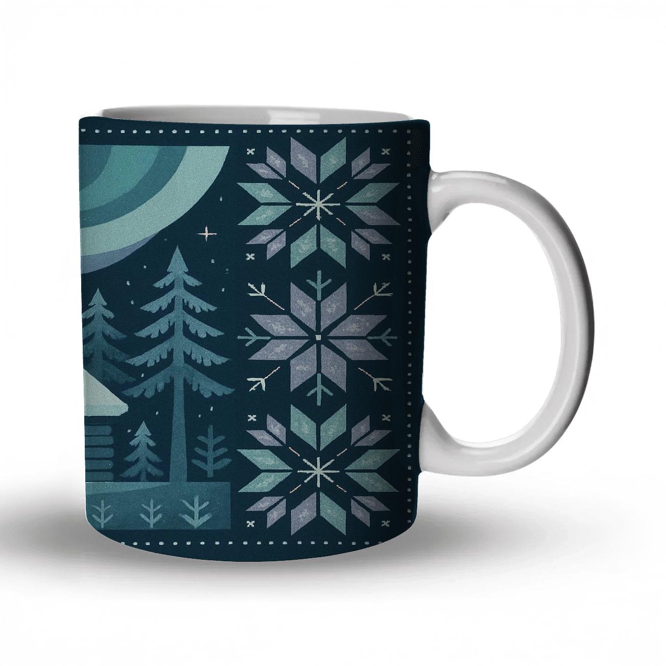 Midwinter Aurora Cabin Quilt custom printed mugs