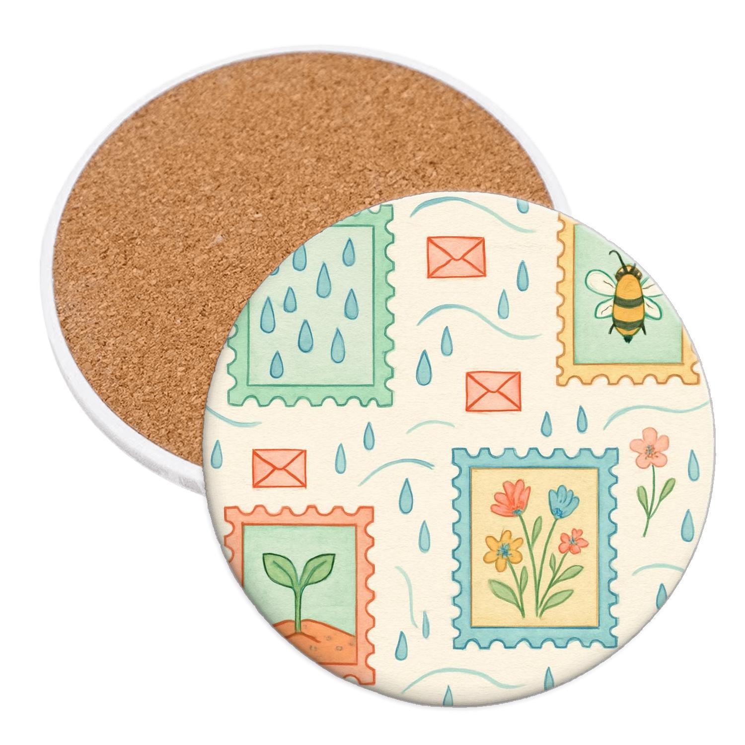 Spring Rain And Wildflower Postage Garden cork coaster sets