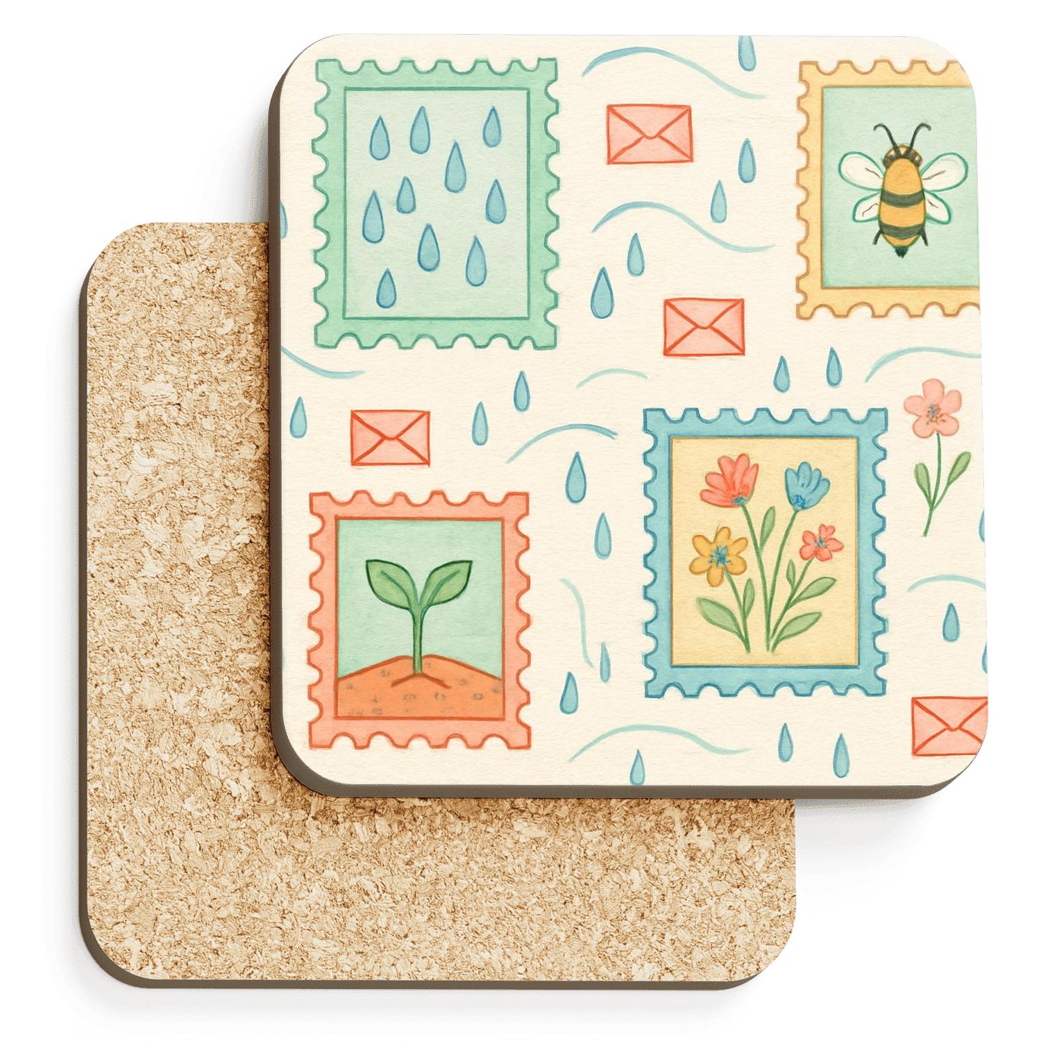 Spring Rain And Wildflower Postage Garden wooden table coasters