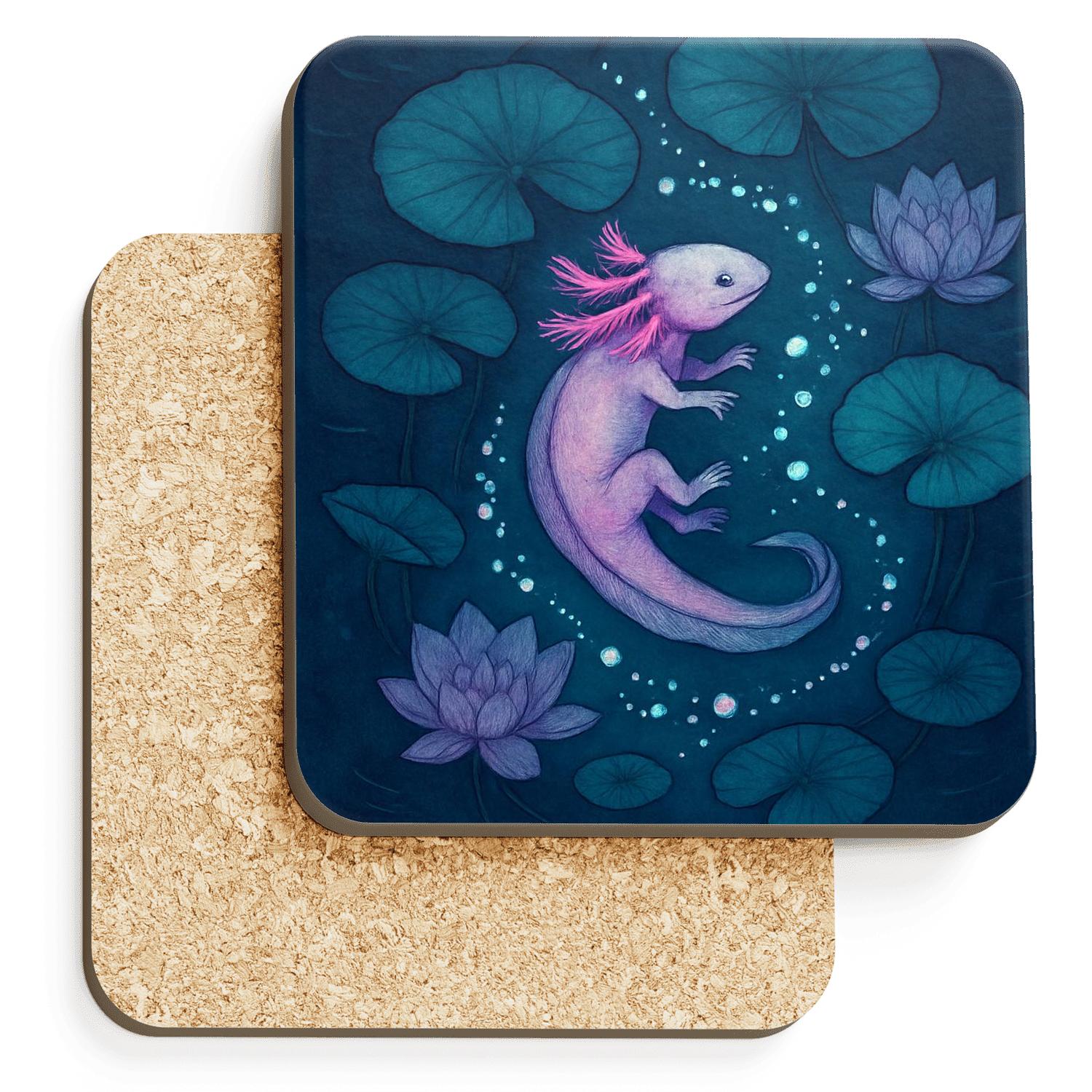 Bioluminescent Axolotl Lotus Drift cork coaster sets