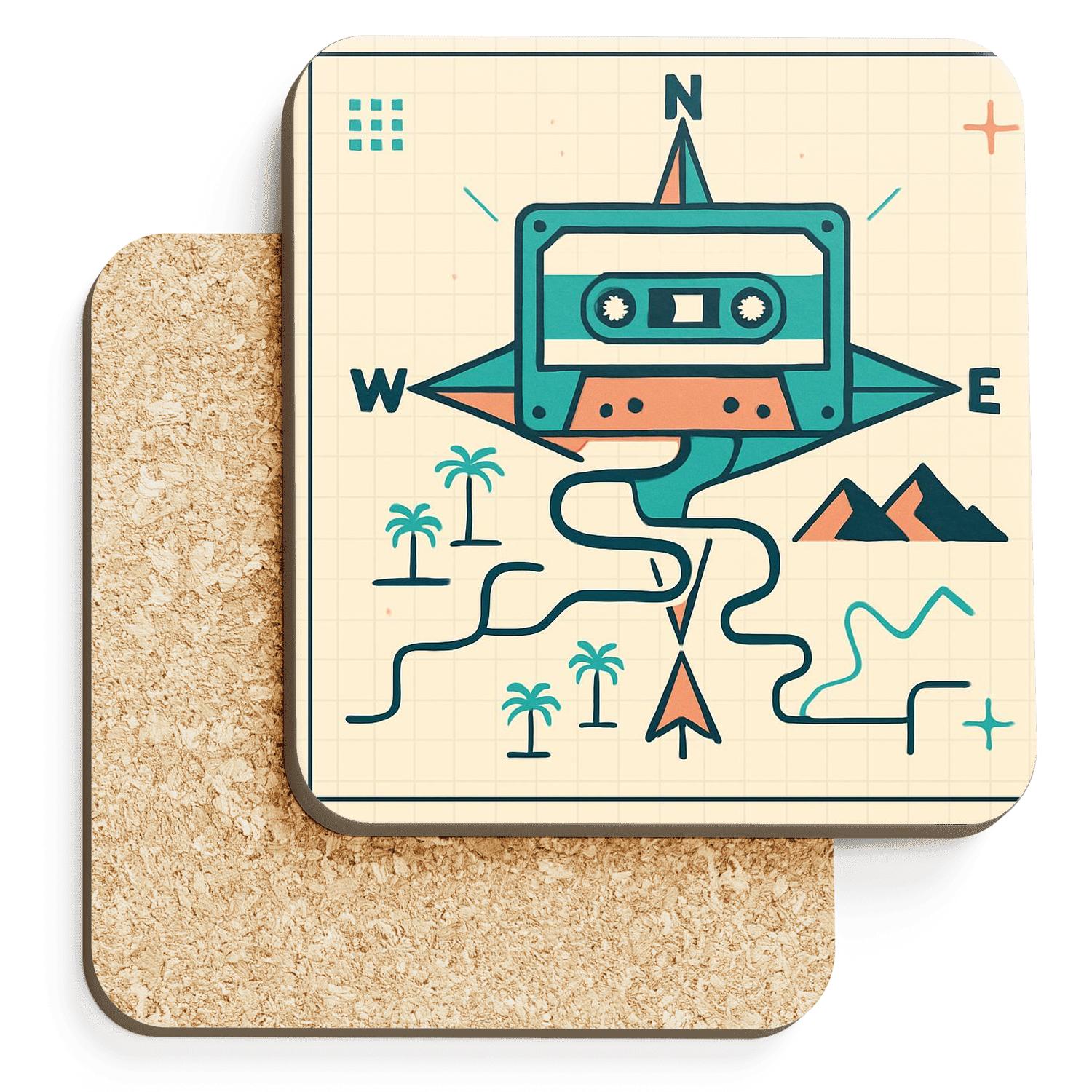 Cassette Compass Adventure Map wooden table coasters