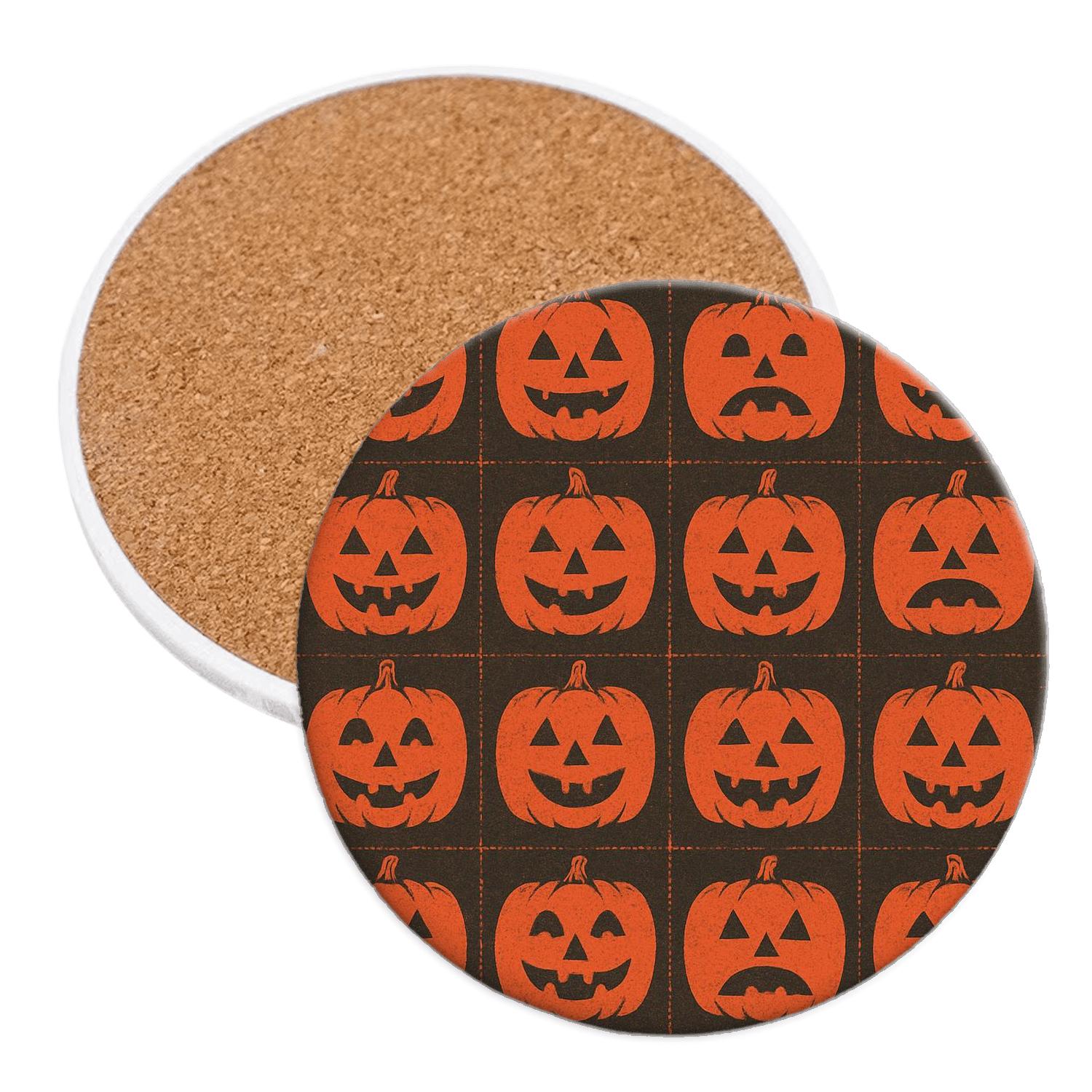 Blood Orange Jack O Lantern Grid With Distressed Pulp wooden table coasters