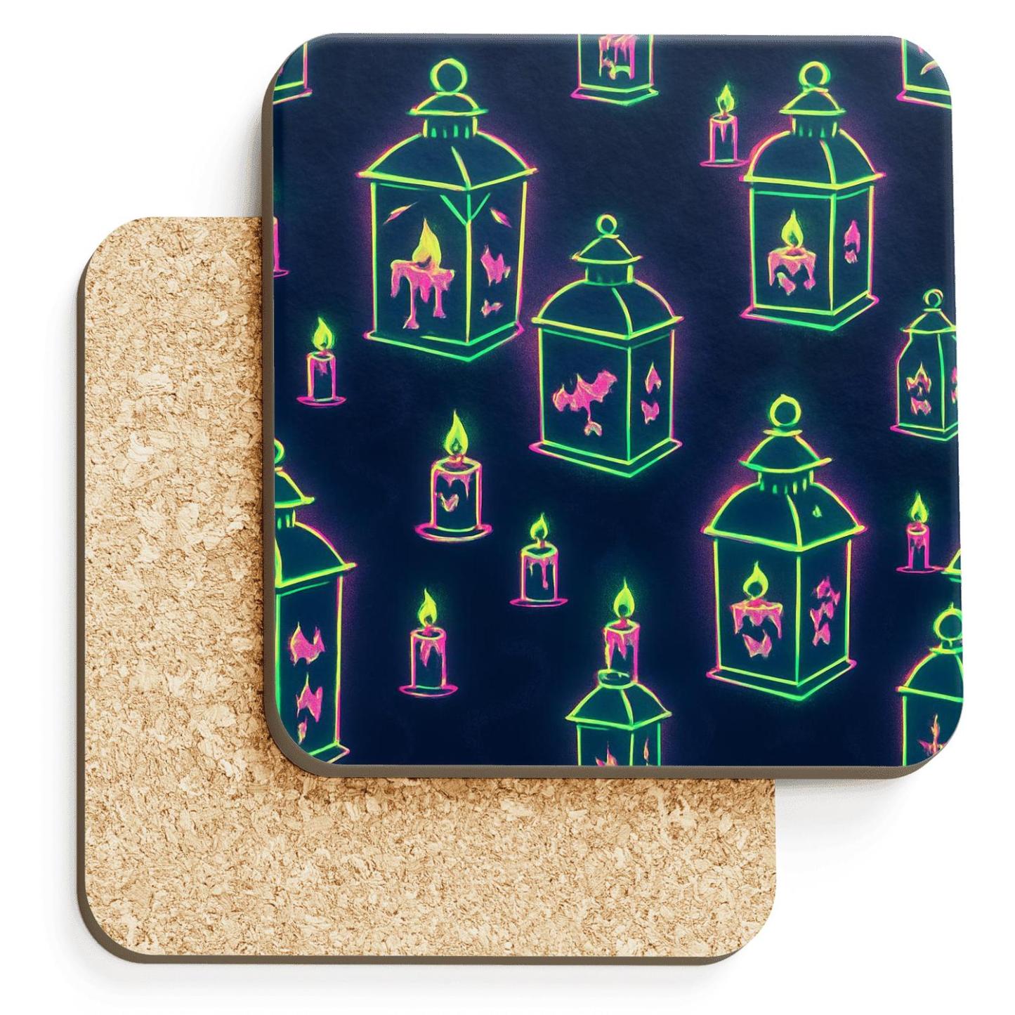 Glow Edge Lantern Cluster Lattice On Deep Navy Night cork coaster sets