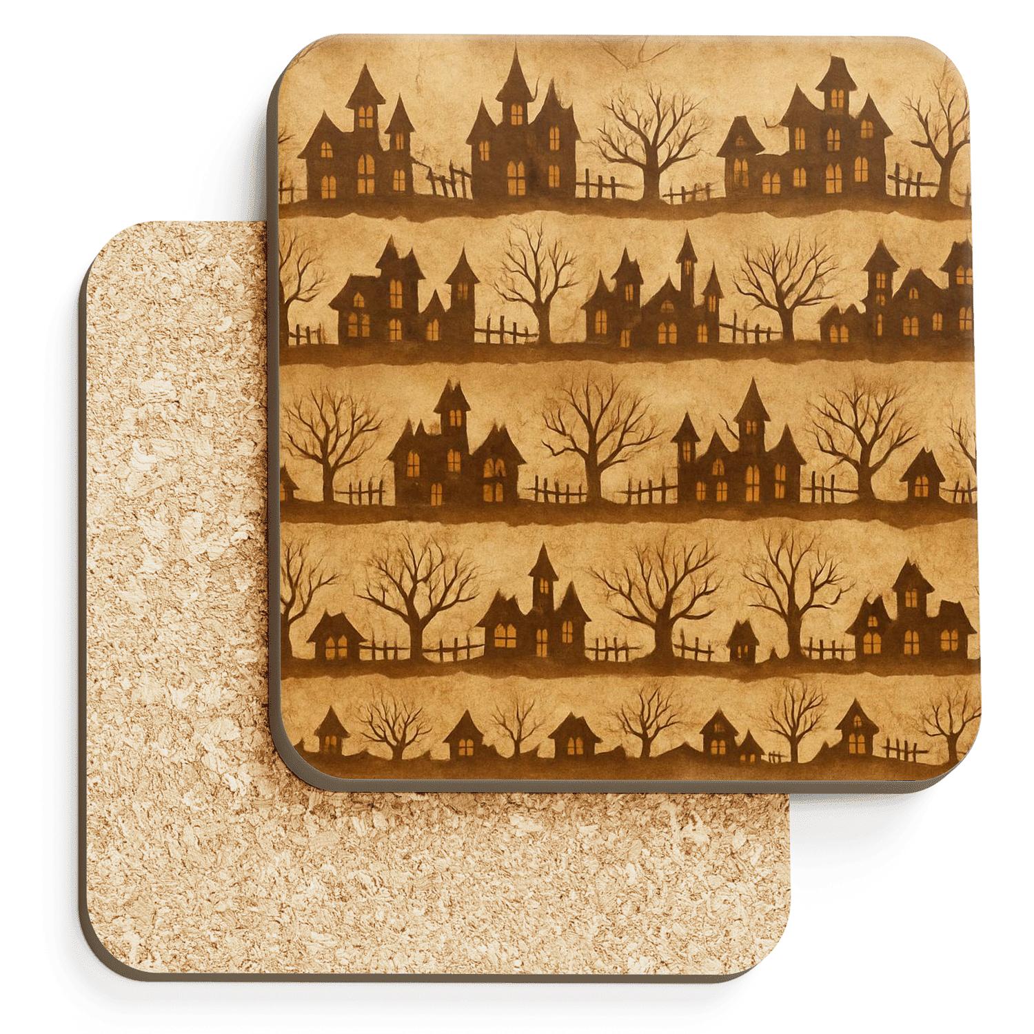 Sepia Parchment Haunted House Horizon Bands wooden table coasters