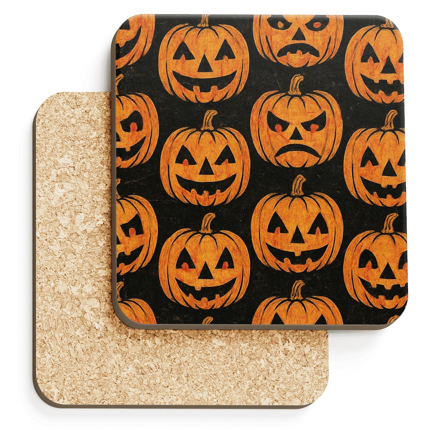 Tiled Jack O Lantern Face Grid In Midnight Black And Pumpkin Orange wooden table coasters