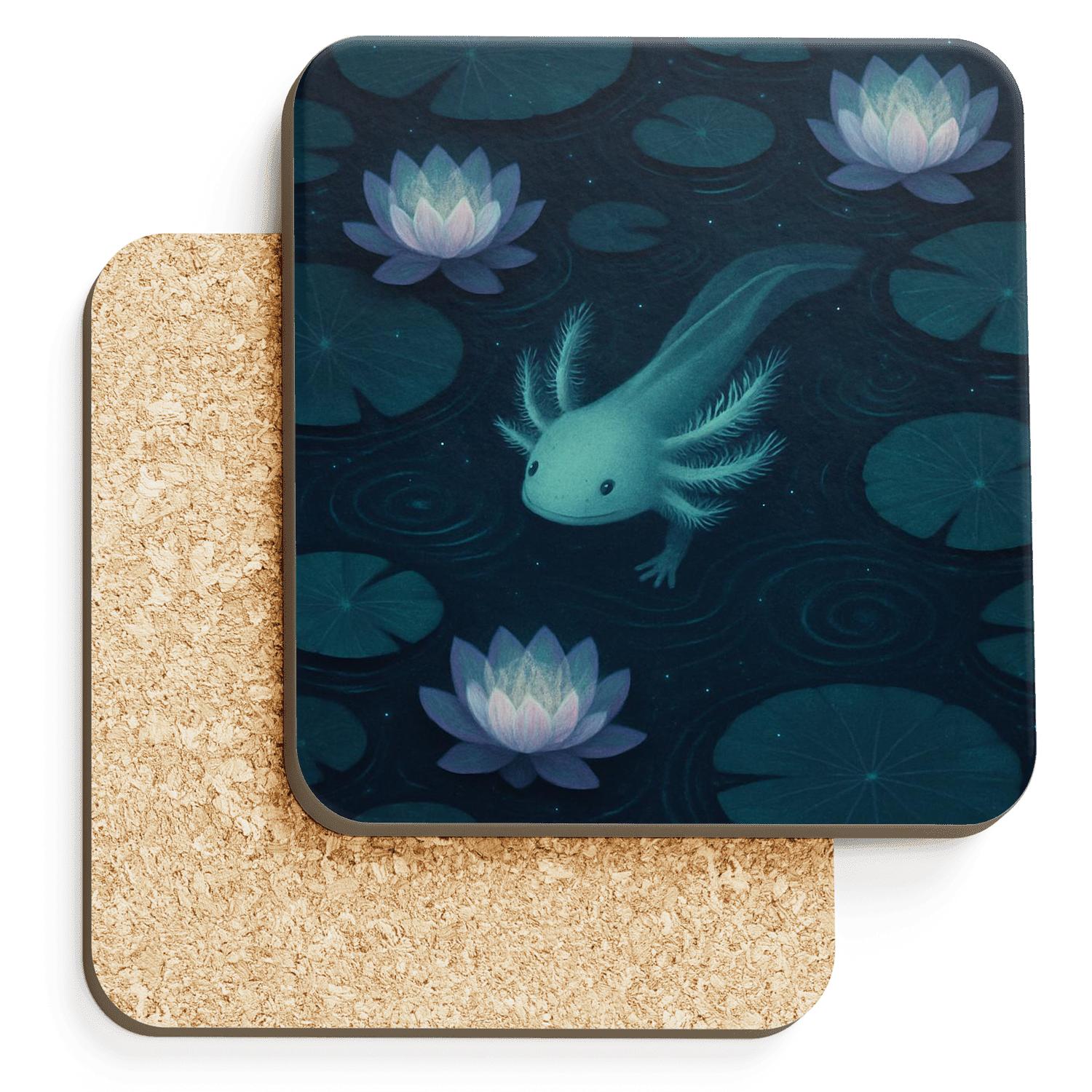 Bioluminescent Axolotl Lotus Pond wooden table coasters