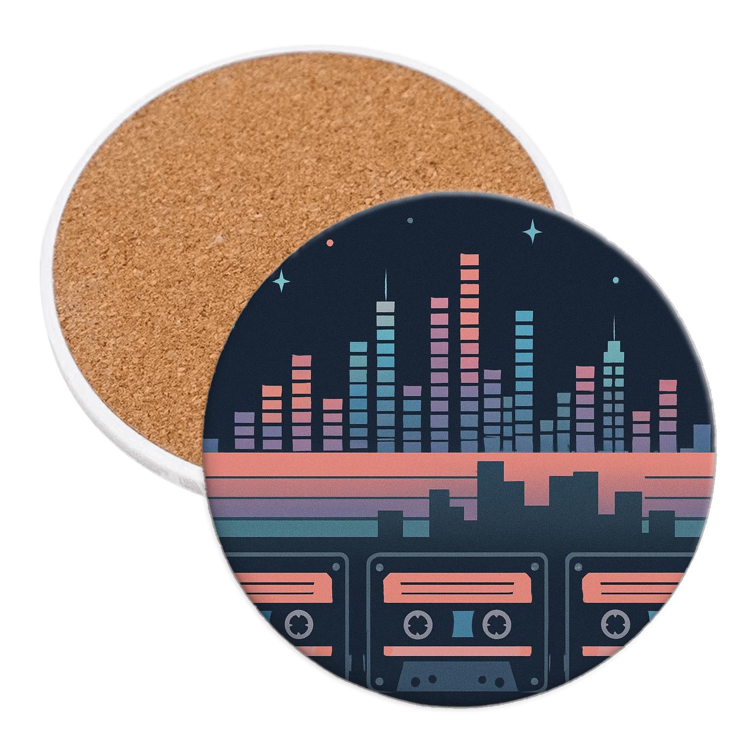 Cassette Skyline Synth Pattern decorative beverage coasters