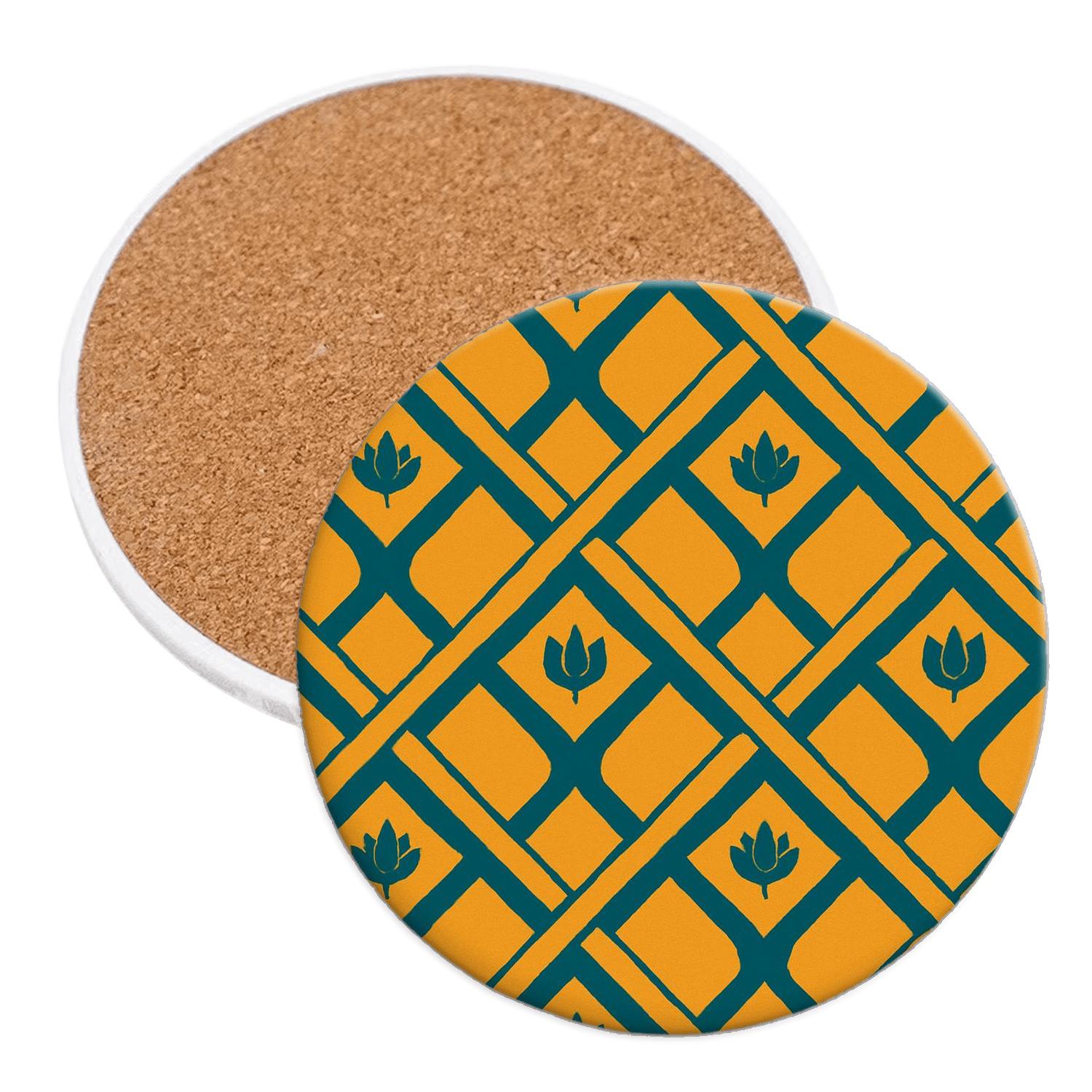 Saffron Lattice With Lotus Bud Motifs personalized drink coasters