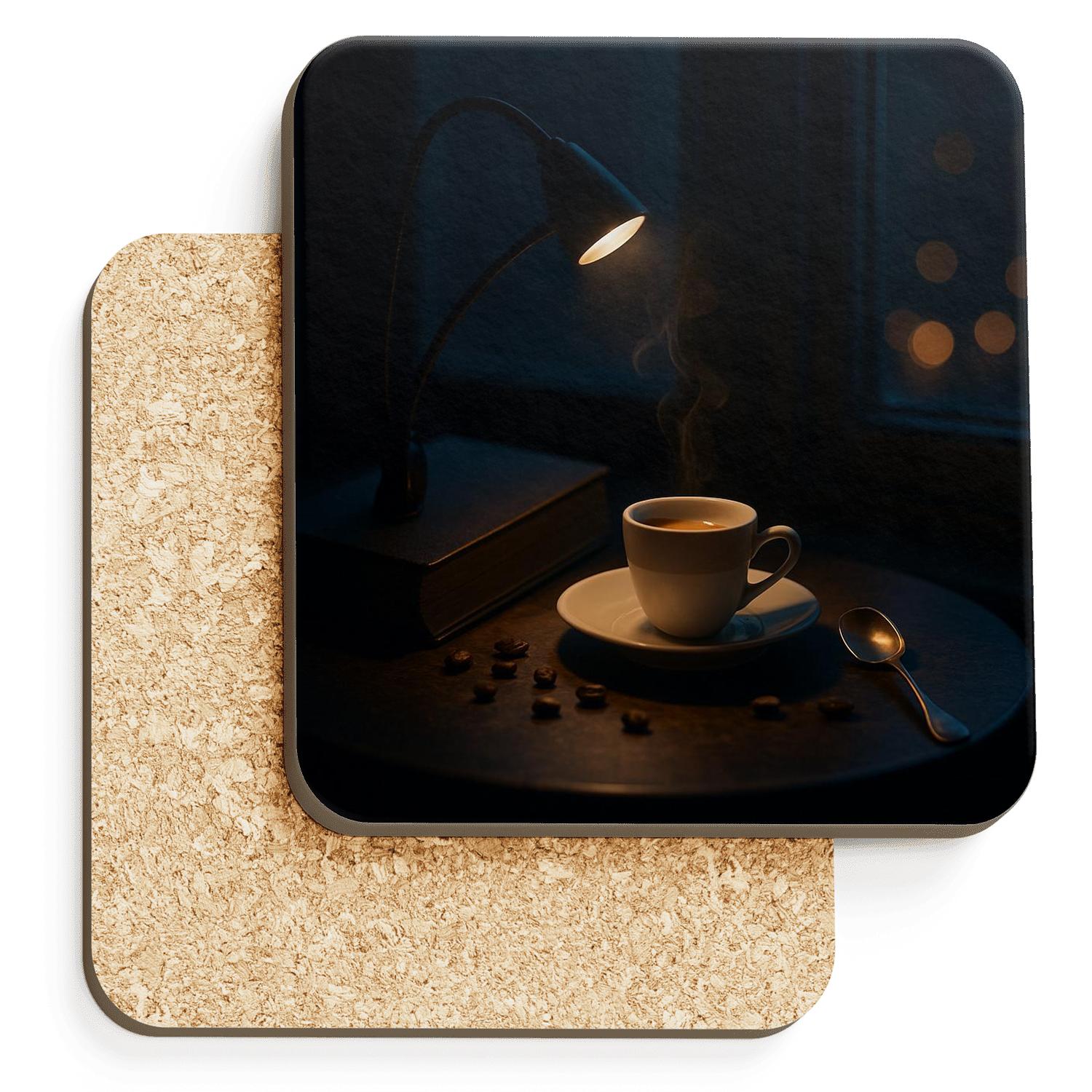 Midnight Espresso Still Life With Booklight wooden table coasters