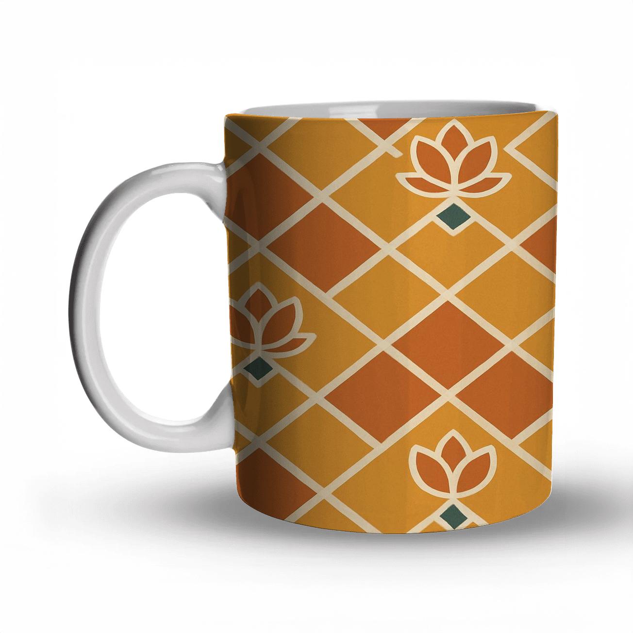 Saffron Lattice With Minimal Lotus Bud Motifs insulated thermal mugs