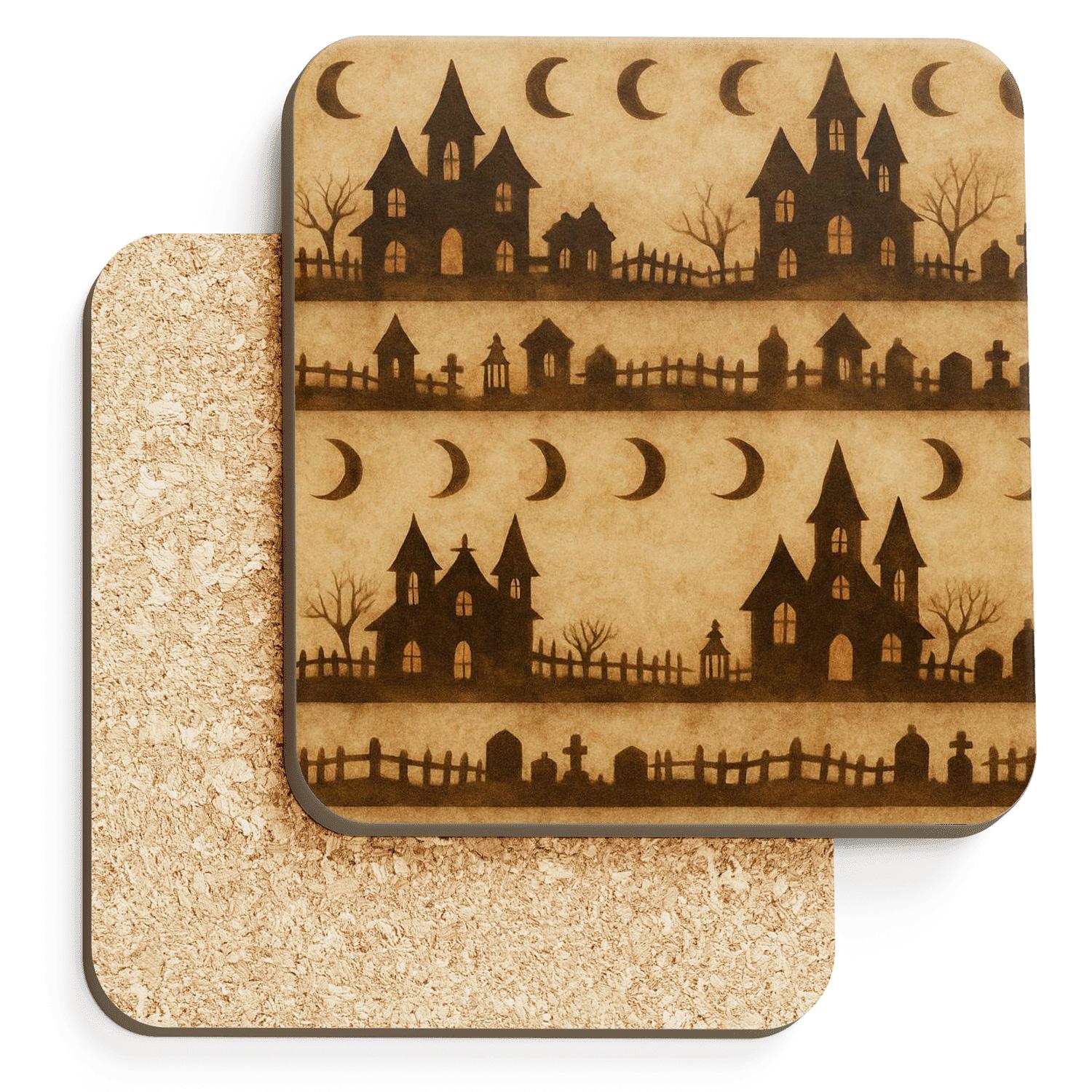 Sepia Parchment Haunted Horizon Bands With Moon Phases decorative beverage coasters