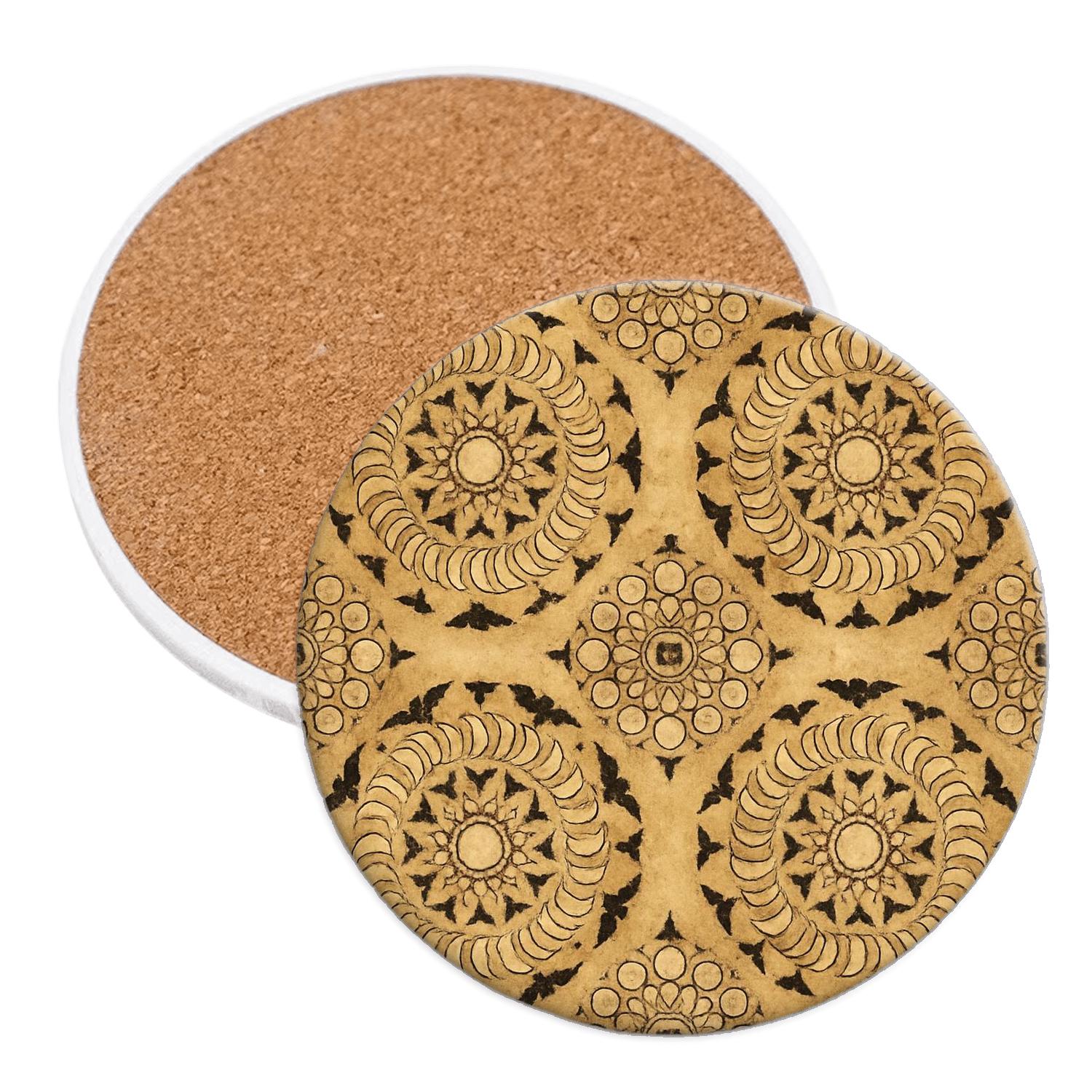 Sepia Parchment Moon Phase Bat Mandalas cork coaster sets