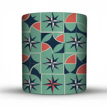 Mint And Coral Compass Rose Mosaic ceramic coffee mugs