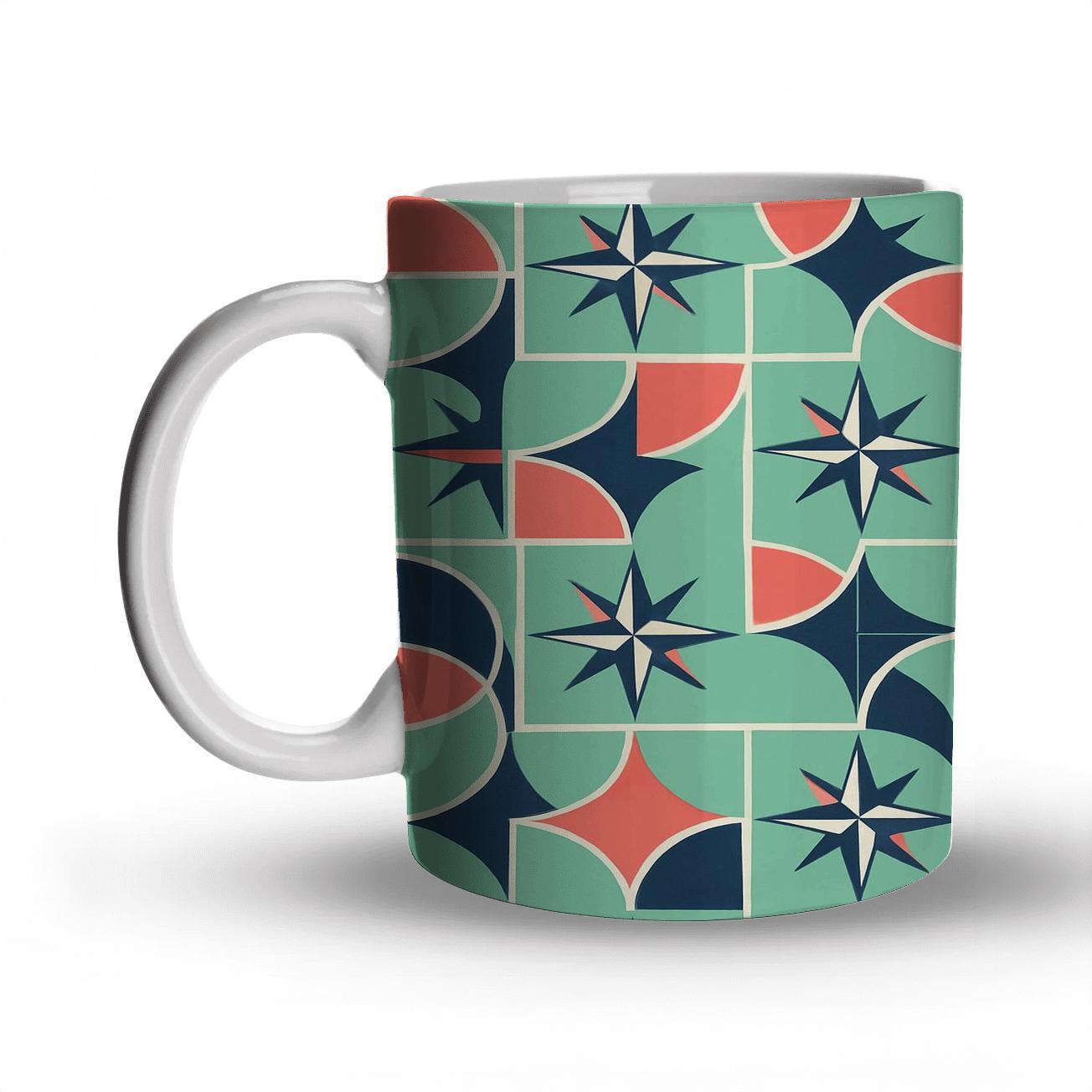 Mint And Coral Compass Rose Mosaic ceramic coffee mugs