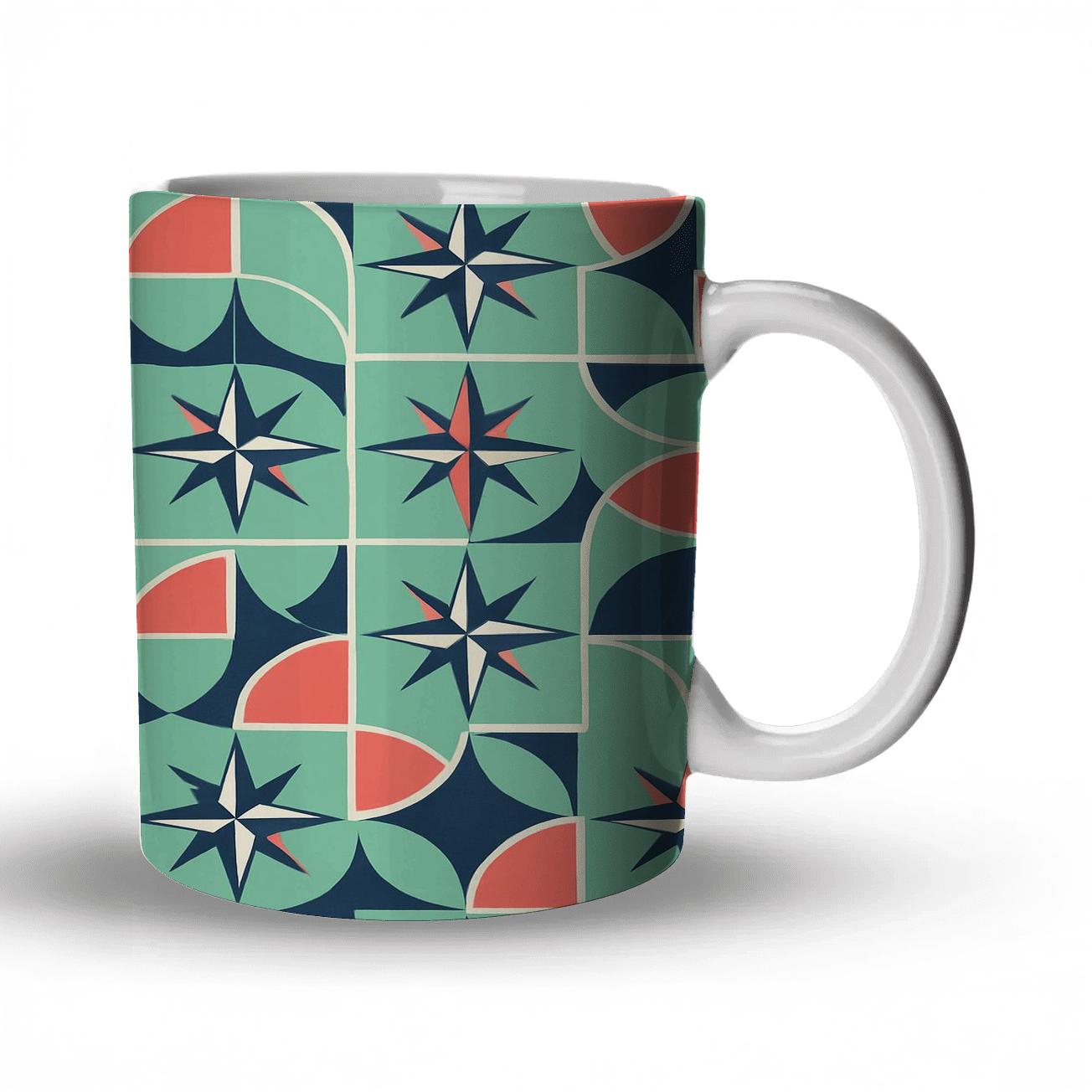 Mint And Coral Compass Rose Mosaic ceramic coffee mugs
