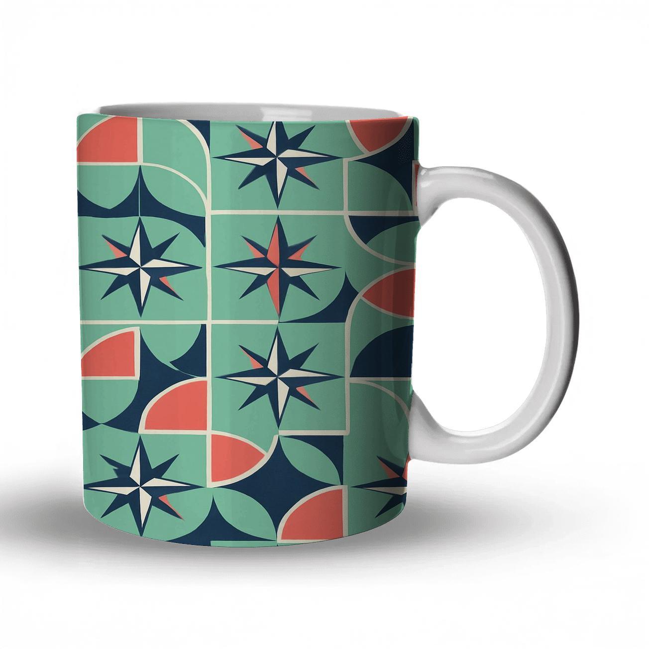 Mint And Coral Compass Rose Mosaic ceramic coffee mugs