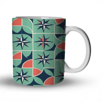 Mint And Coral Compass Rose Mosaic ceramic coffee mugs