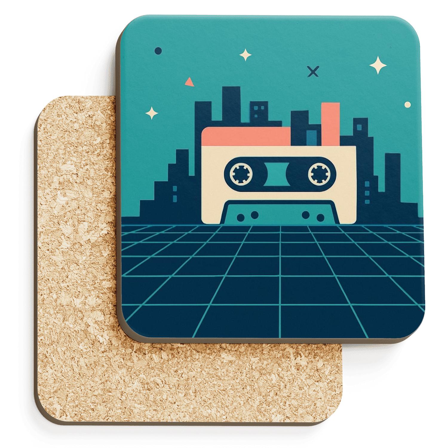 Cassette Skyline Neon Grid wooden table coasters