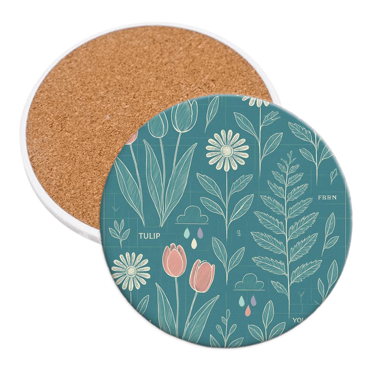 Spring Rain Botanical Blueprint wooden table coasters